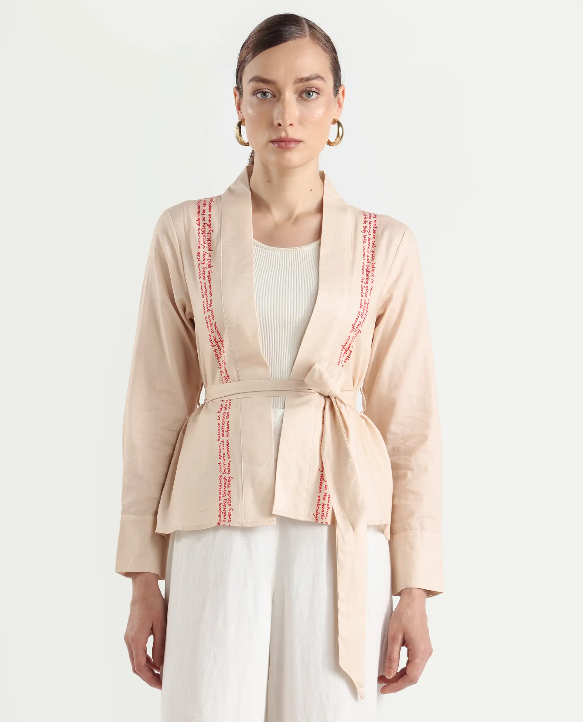 Rareism Women's Juinb Beige Cotton Shawl Collar Typography Print Cuffed Sleeve Regular Fit Top - Image 3