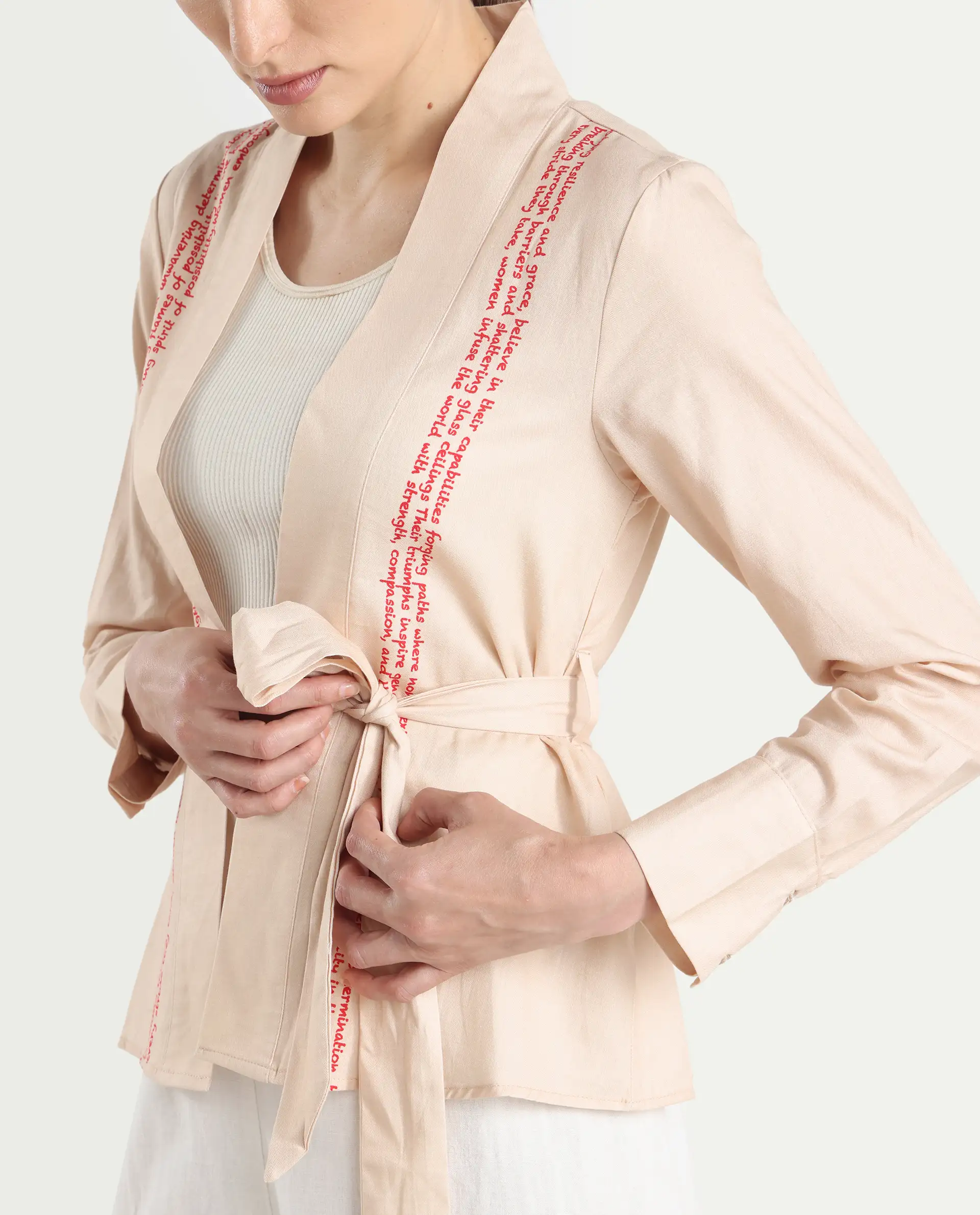 Rareism Women's Juinb Beige Cotton Shawl Collar Typography Print Cuffed Sleeve Regular Fit Top - Image 4
