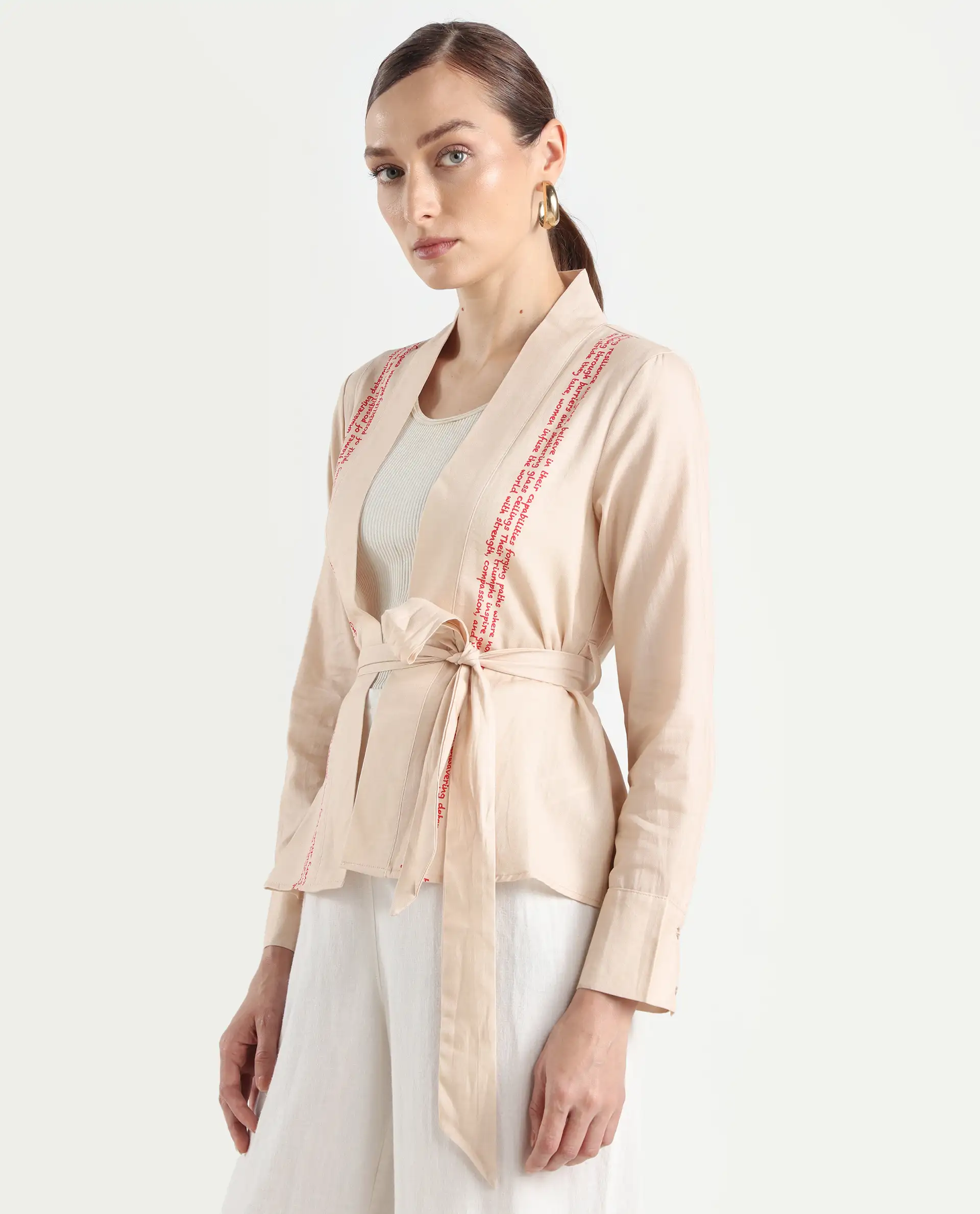 Rareism Women's Juinb Beige Cotton Shawl Collar Typography Print Cuffed Sleeve Regular Fit Top - Image 5