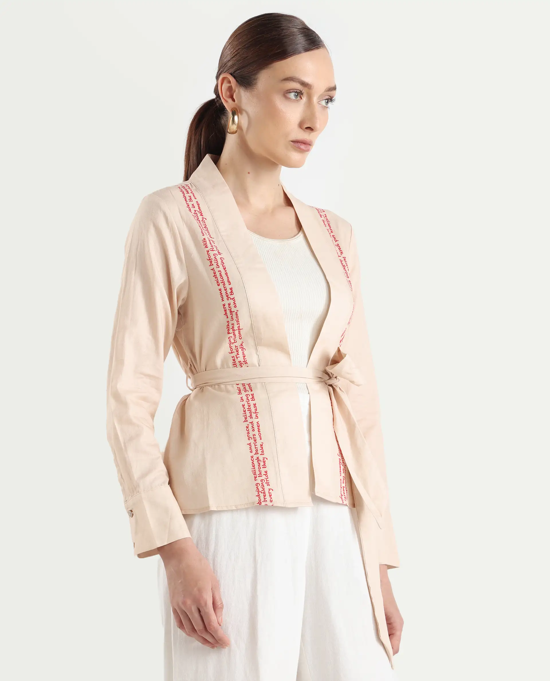 Rareism Women's Juinb Beige Cotton Shawl Collar Typography Print Cuffed Sleeve Regular Fit Top - Image 6
