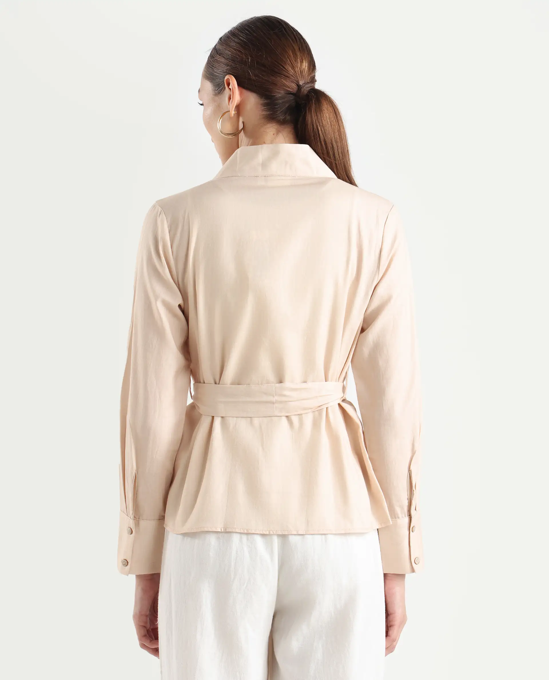 Rareism Women's Juinb Beige Cotton Shawl Collar Typography Print Cuffed Sleeve Regular Fit Top - Image 7