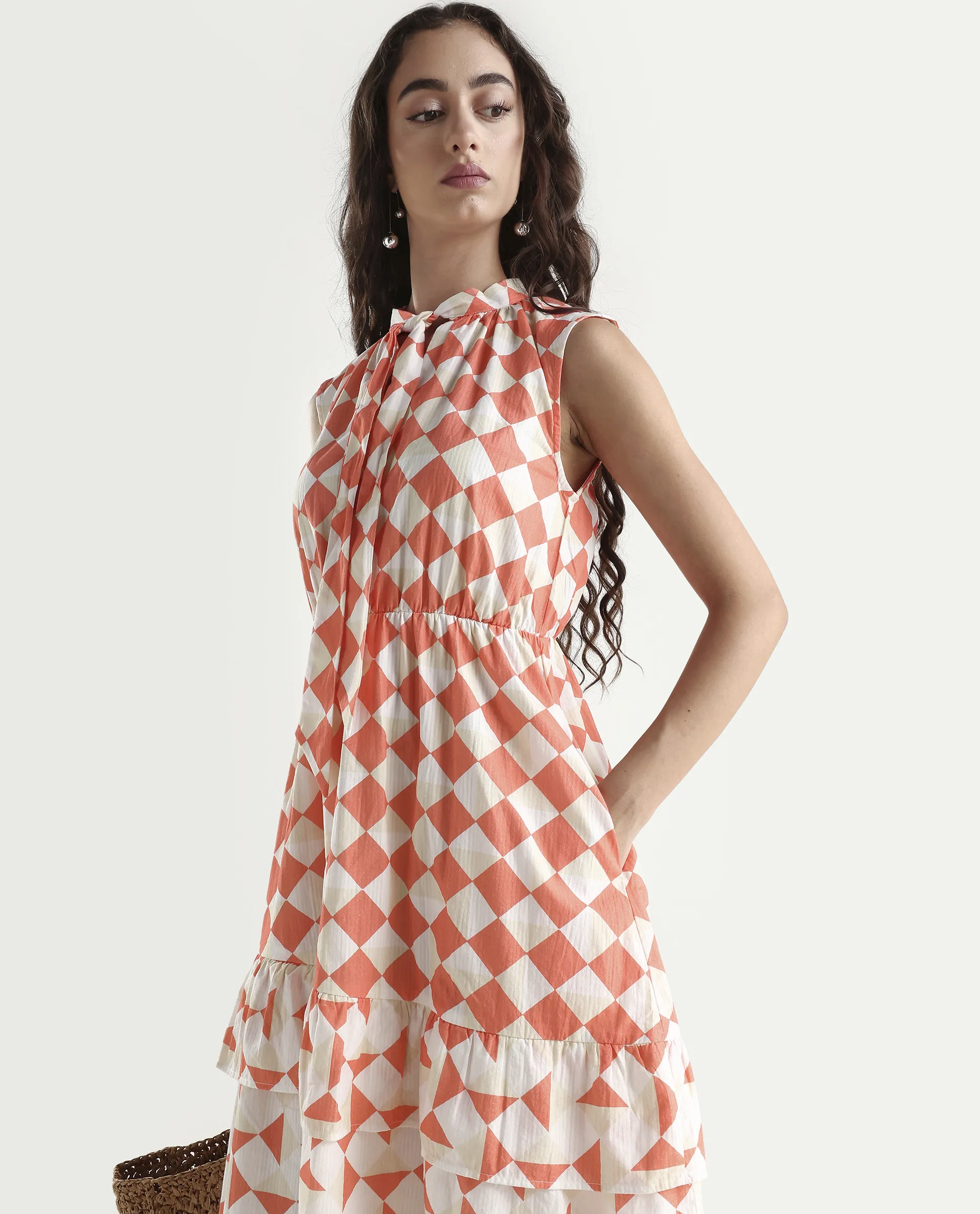 Rareism Women's Juite Sc Multi Satin Tie-Up Neck Geometric Print Sleeveless Knee Length Fit And Flare Dress - Image 3