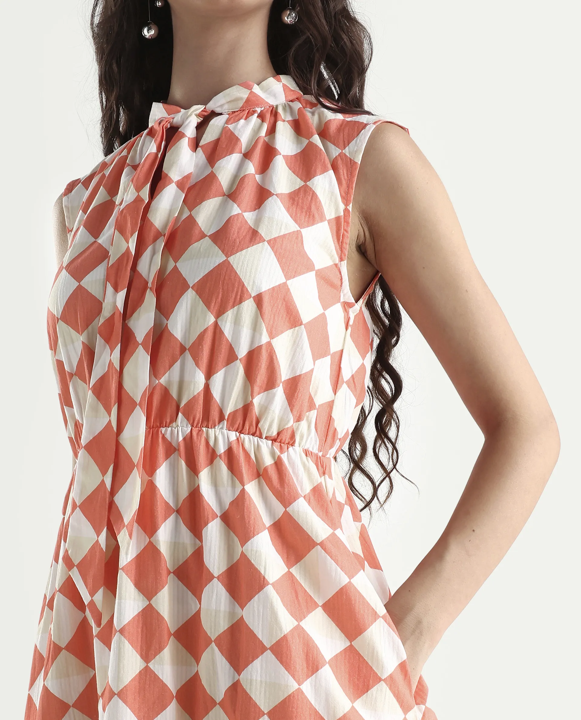 Rareism Women's Juite Sc Multi Satin Tie-Up Neck Geometric Print Sleeveless Knee Length Fit And Flare Dress - Image 4