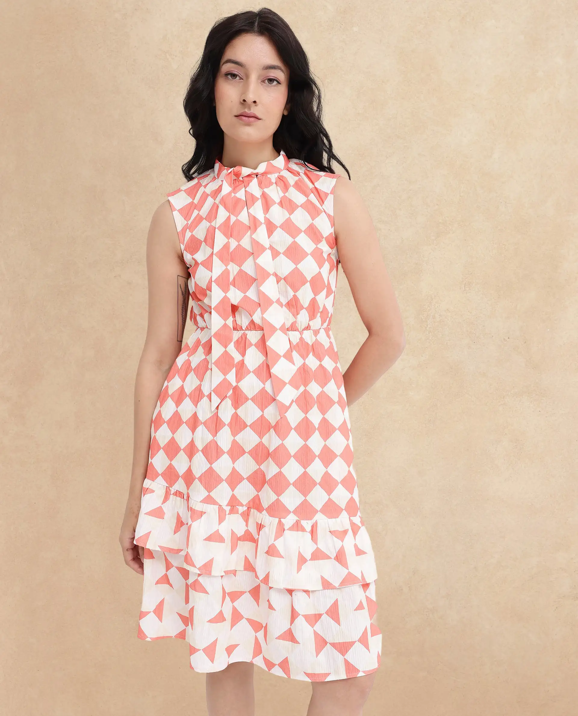 Rareism Women's Juite Multi Cotton Blend Tie-Up Neck Geometric Print Sleeveless Knee Length Fit And Flare Dress