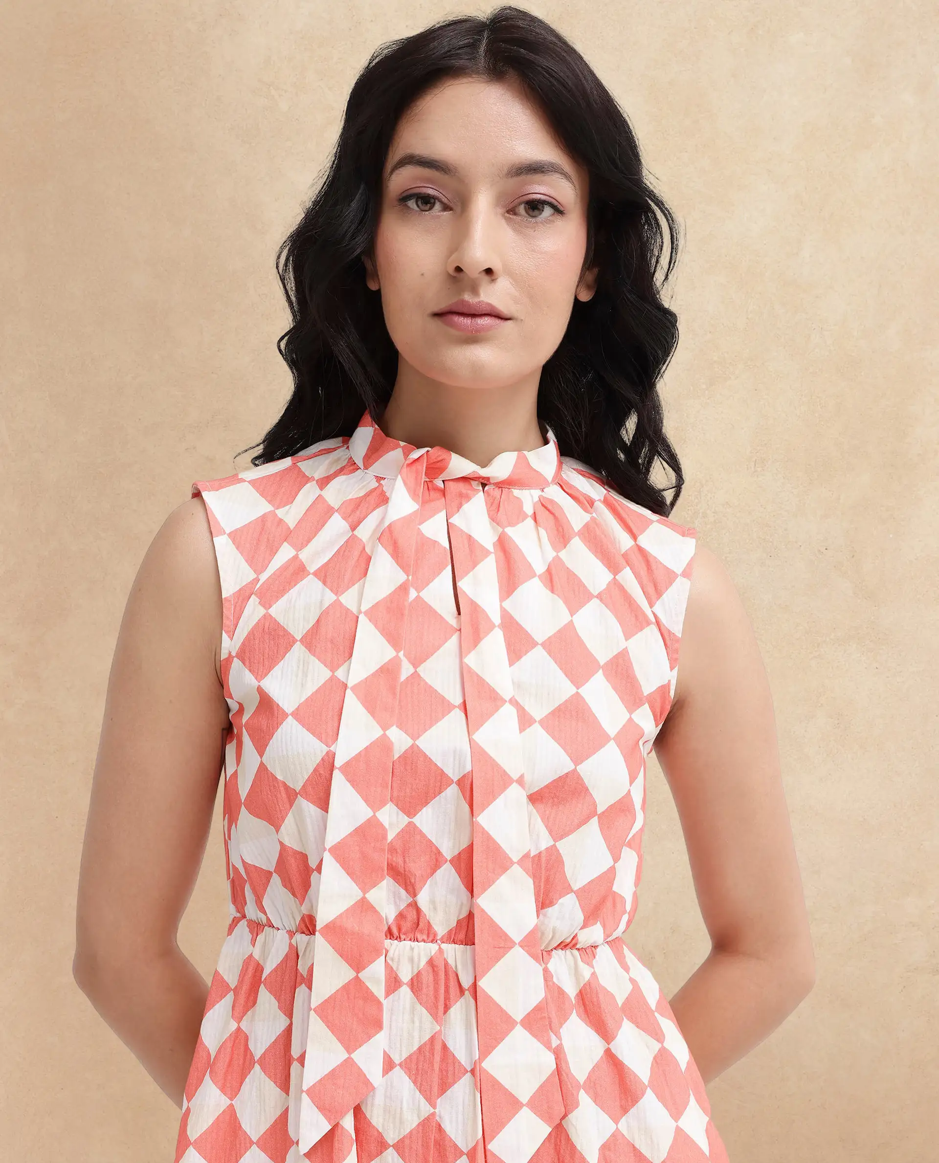 Rareism Women's Juite Multi Cotton Blend Tie-Up Neck Geometric Print Sleeveless Knee Length Fit And Flare Dress - Image 3