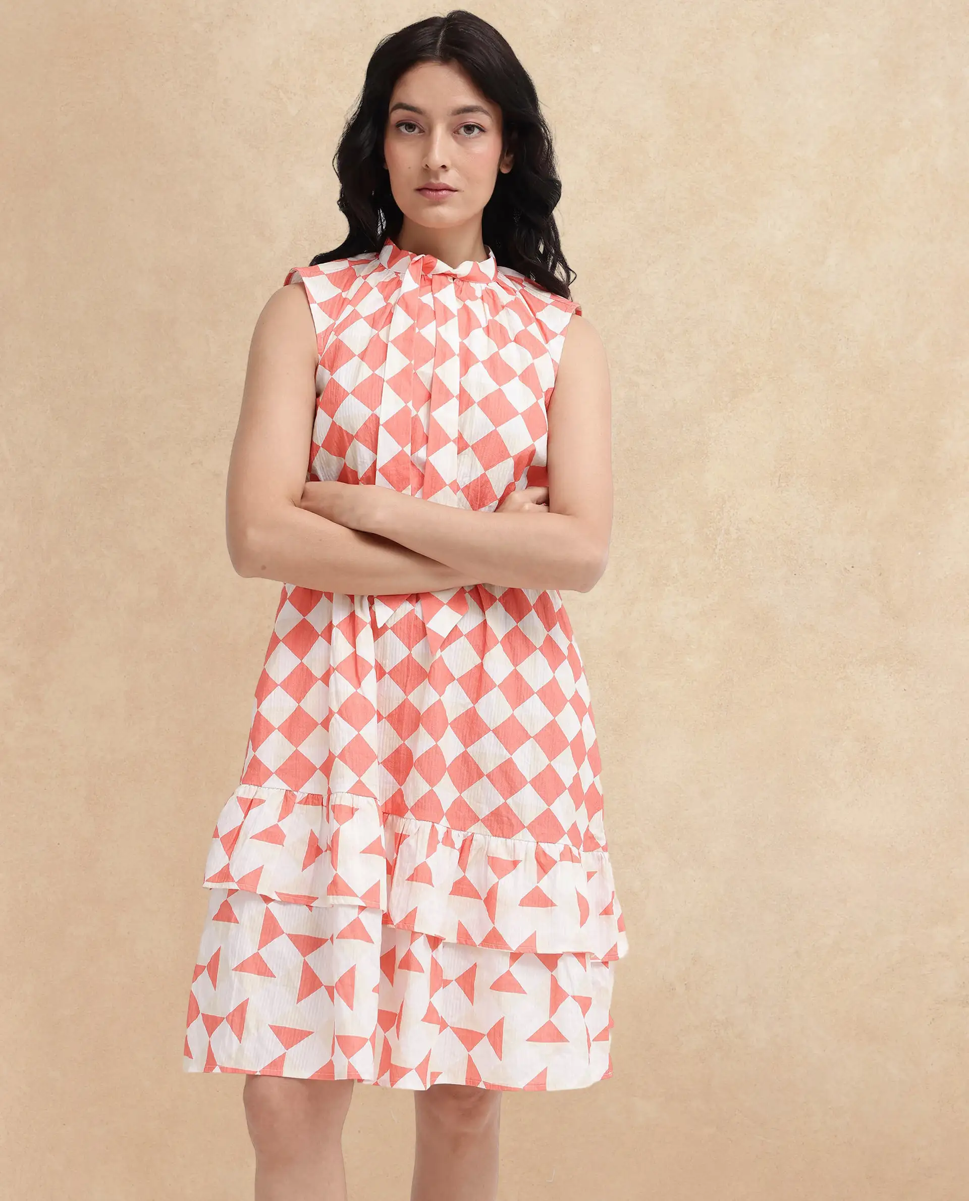 Rareism Women's Juite Multi Cotton Blend Tie-Up Neck Geometric Print Sleeveless Knee Length Fit And Flare Dress - Image 4