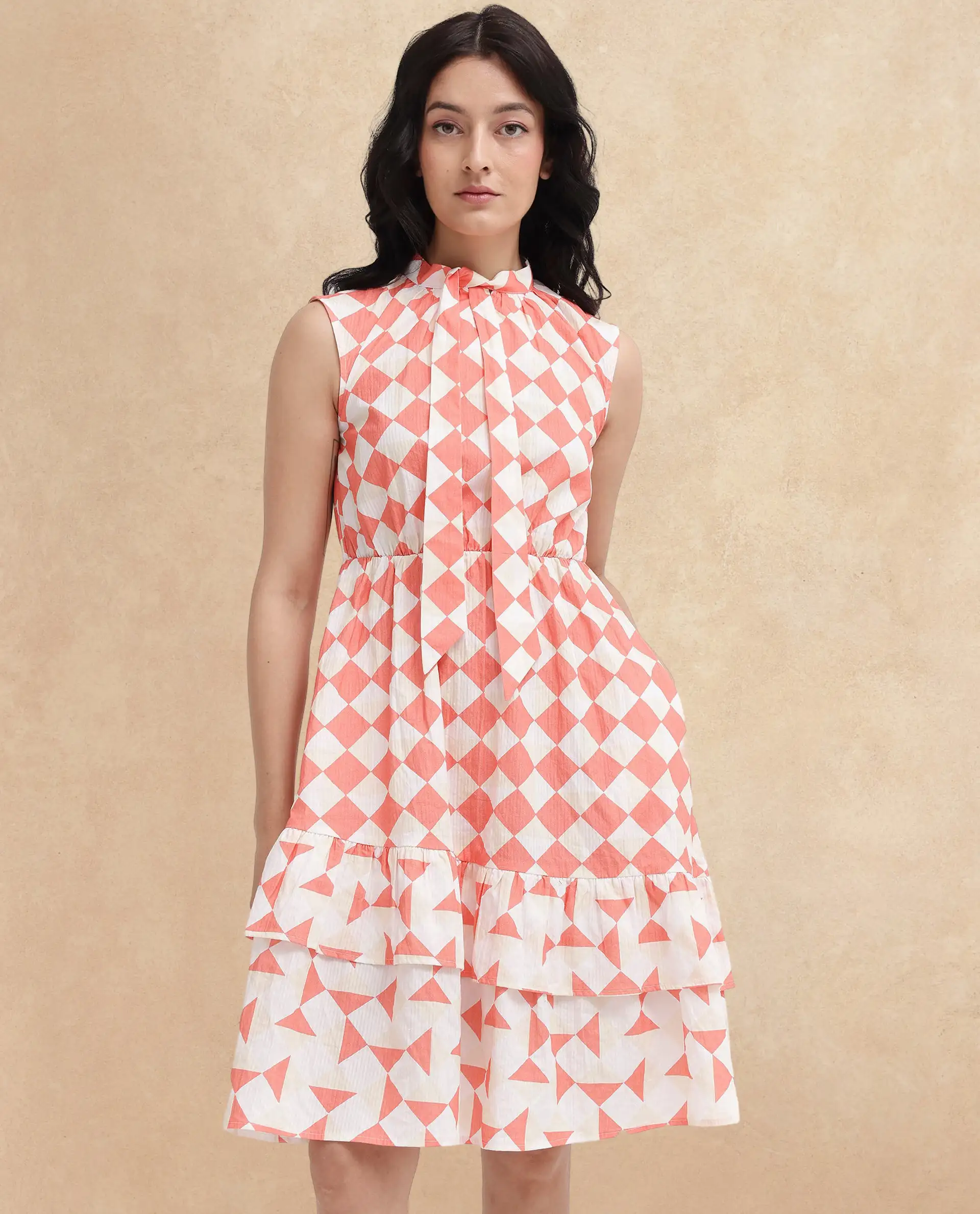 Rareism Women's Juite Multi Cotton Blend Tie-Up Neck Geometric Print Sleeveless Knee Length Fit And Flare Dress - Image 5