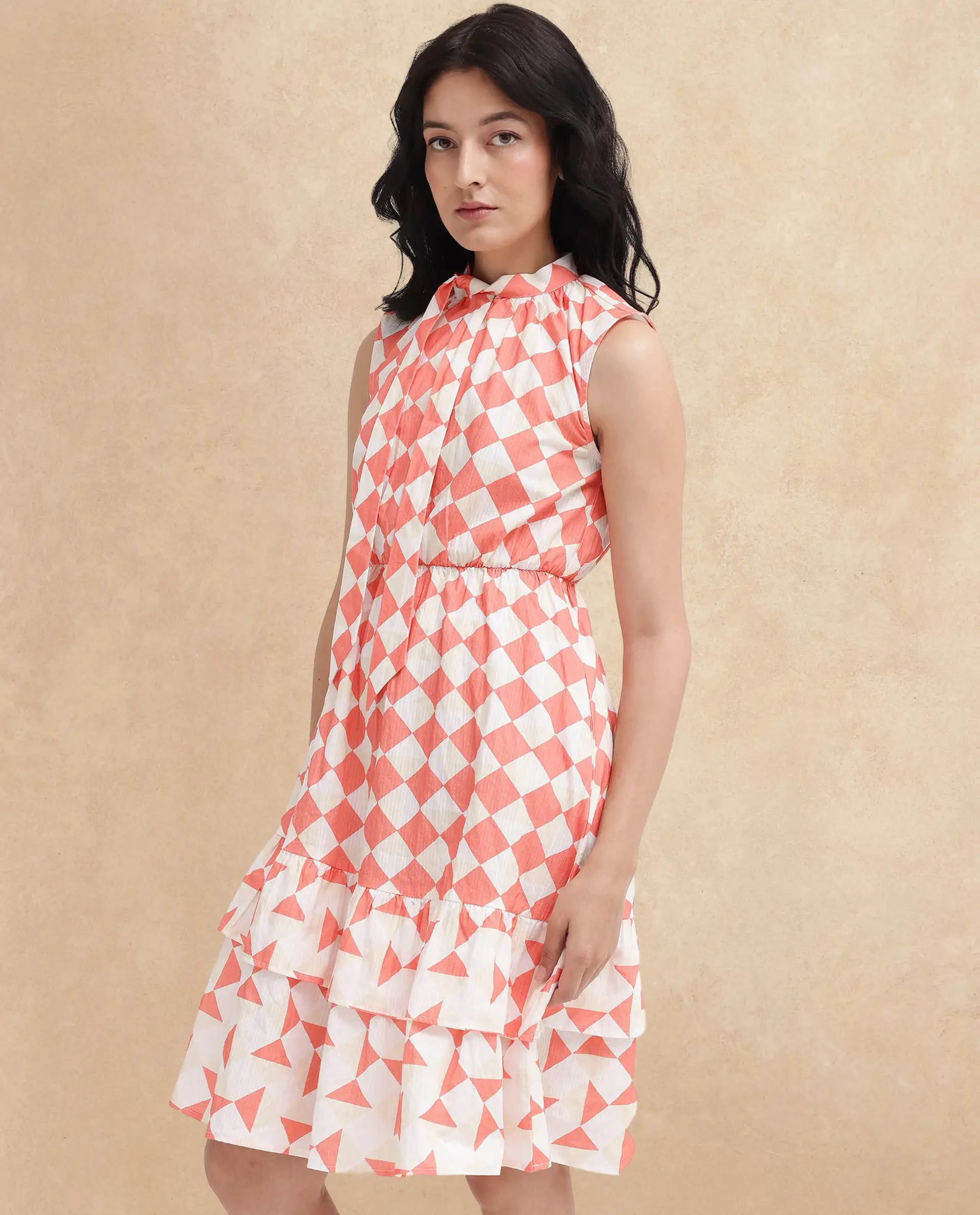 Rareism Women's Juite Multi Cotton Blend Tie-Up Neck Geometric Print Sleeveless Knee Length Fit And Flare Dress - Image 7