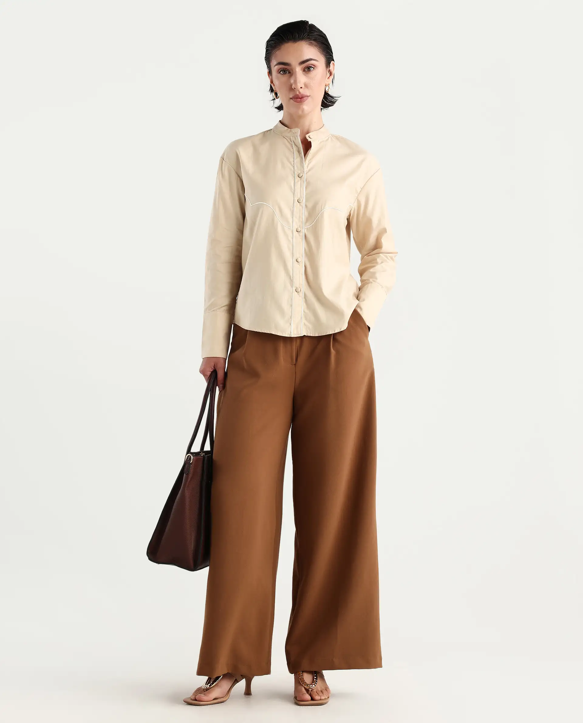 Rareism Women's Jujo Beige Cotton Blend Mandarin Collar Plain Cuffed Sleeve Regular Fit Shirt - Image 2