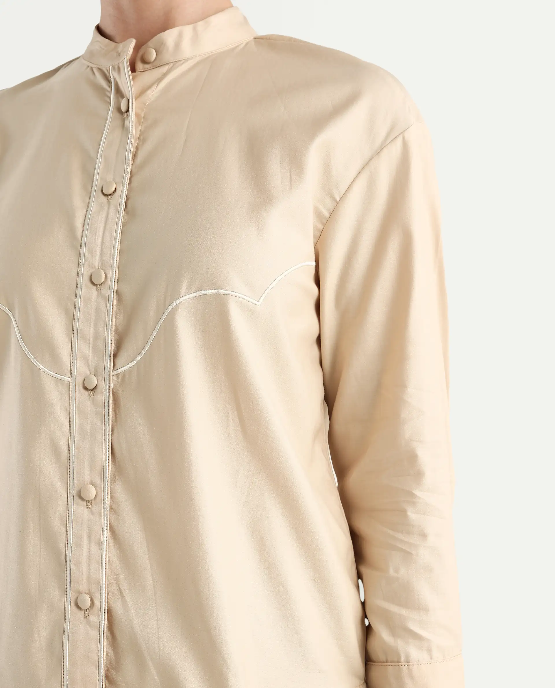 Rareism Women's Jujo Beige Cotton Blend Mandarin Collar Plain Cuffed Sleeve Regular Fit Shirt - Image 3