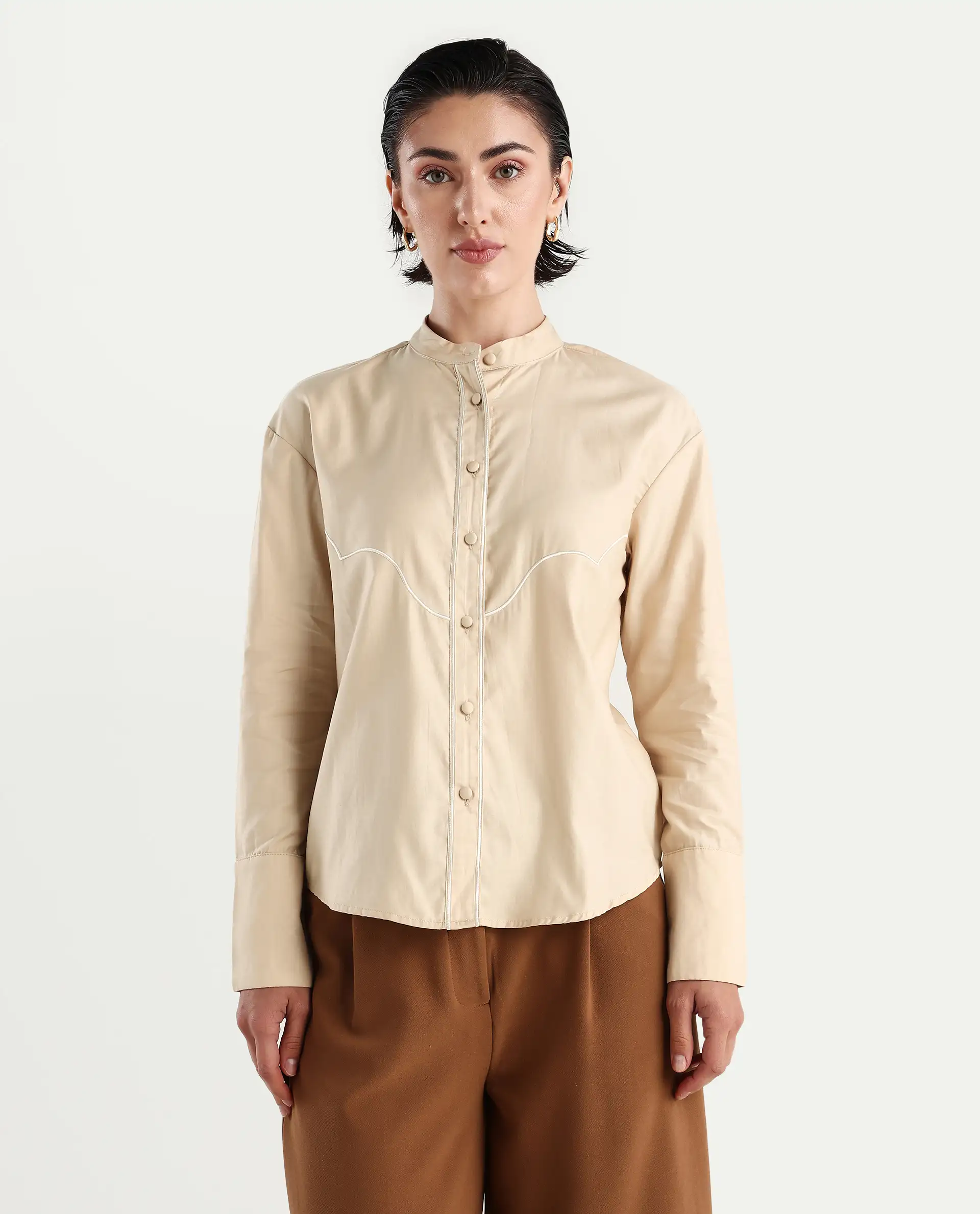 Rareism Women's Jujo Beige Cotton Blend Mandarin Collar Plain Cuffed Sleeve Regular Fit Shirt - Image 4