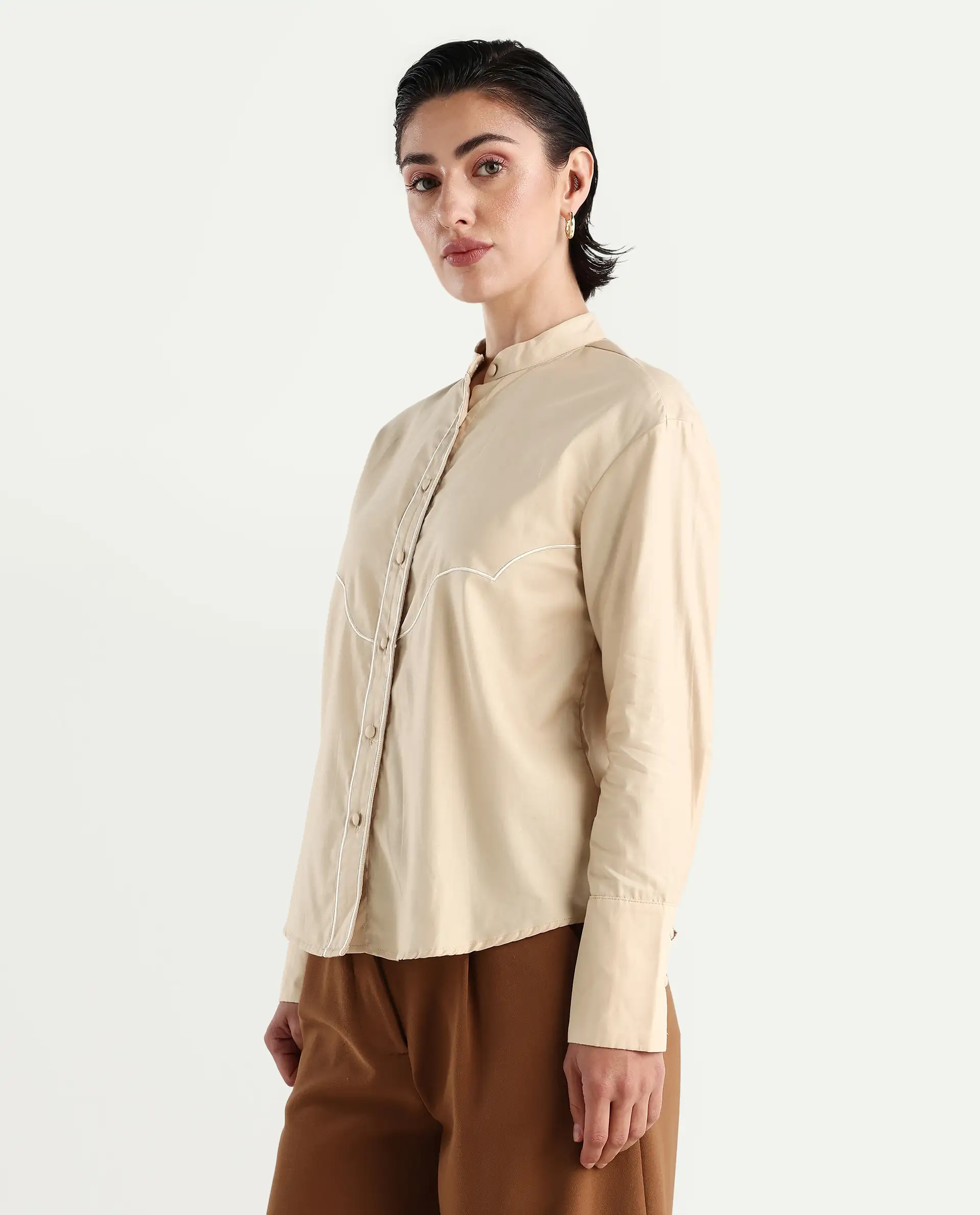 Rareism Women's Jujo Beige Cotton Blend Mandarin Collar Plain Cuffed Sleeve Regular Fit Shirt - Image 5