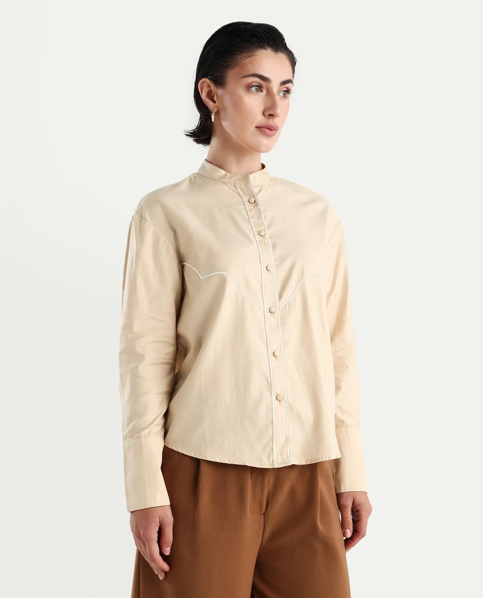 Rareism Women's Jujo Beige Cotton Blend Mandarin Collar Plain Cuffed Sleeve Regular Fit Shirt - Image 6