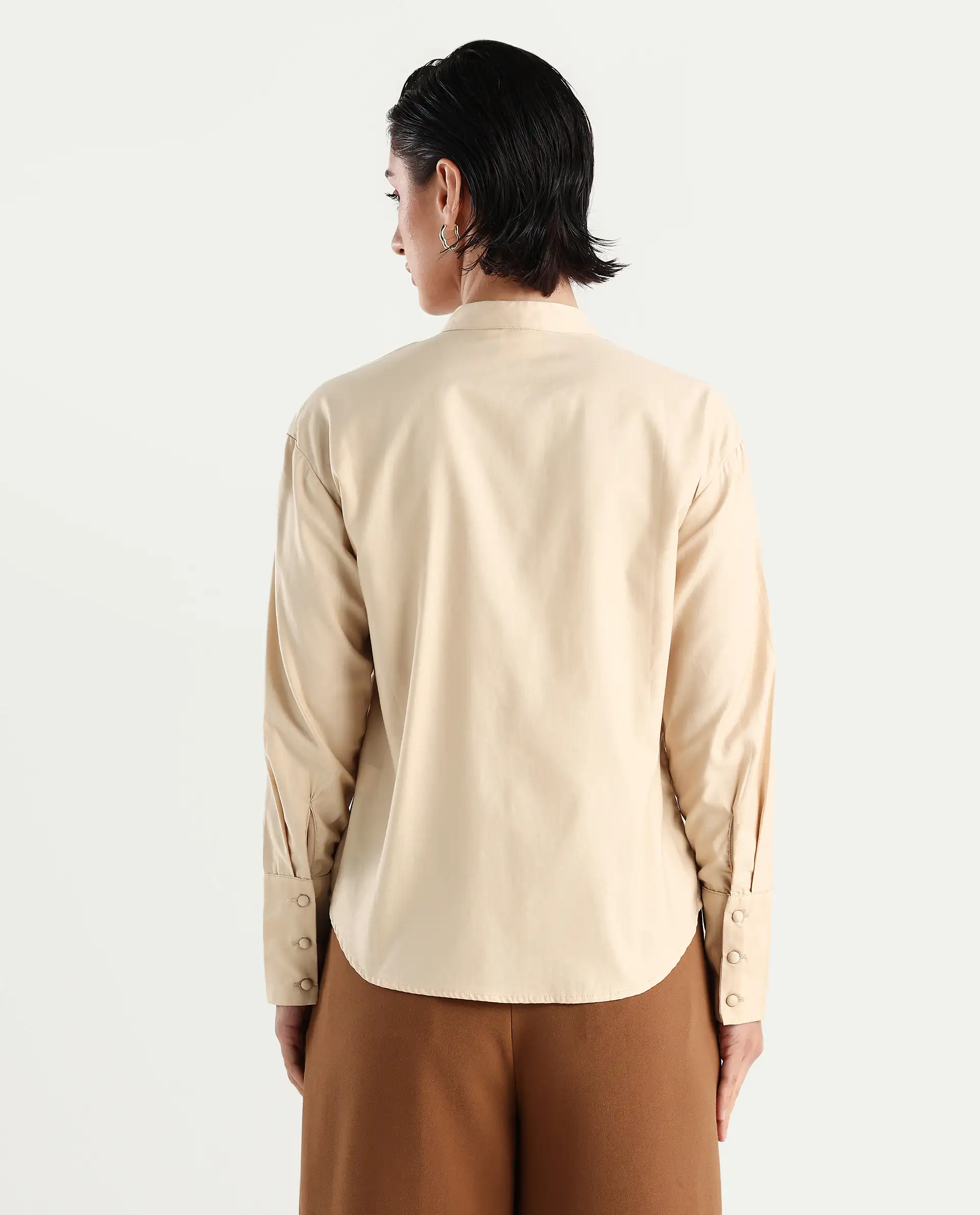 Rareism Women's Jujo Beige Cotton Blend Mandarin Collar Plain Cuffed Sleeve Regular Fit Shirt - Image 7