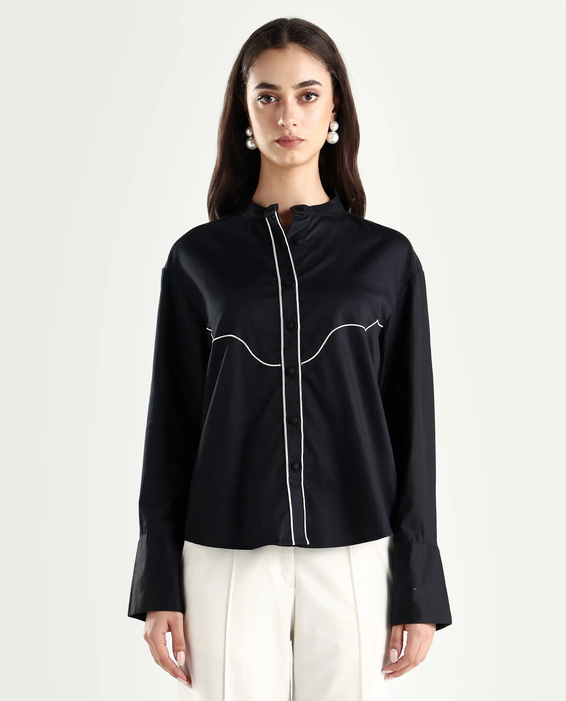 Rareism Women's Jujo Dusky Black Cotton Blend Mandarin Collar Plain Cuffed Sleeve Regular Fit Shirt - Image 3