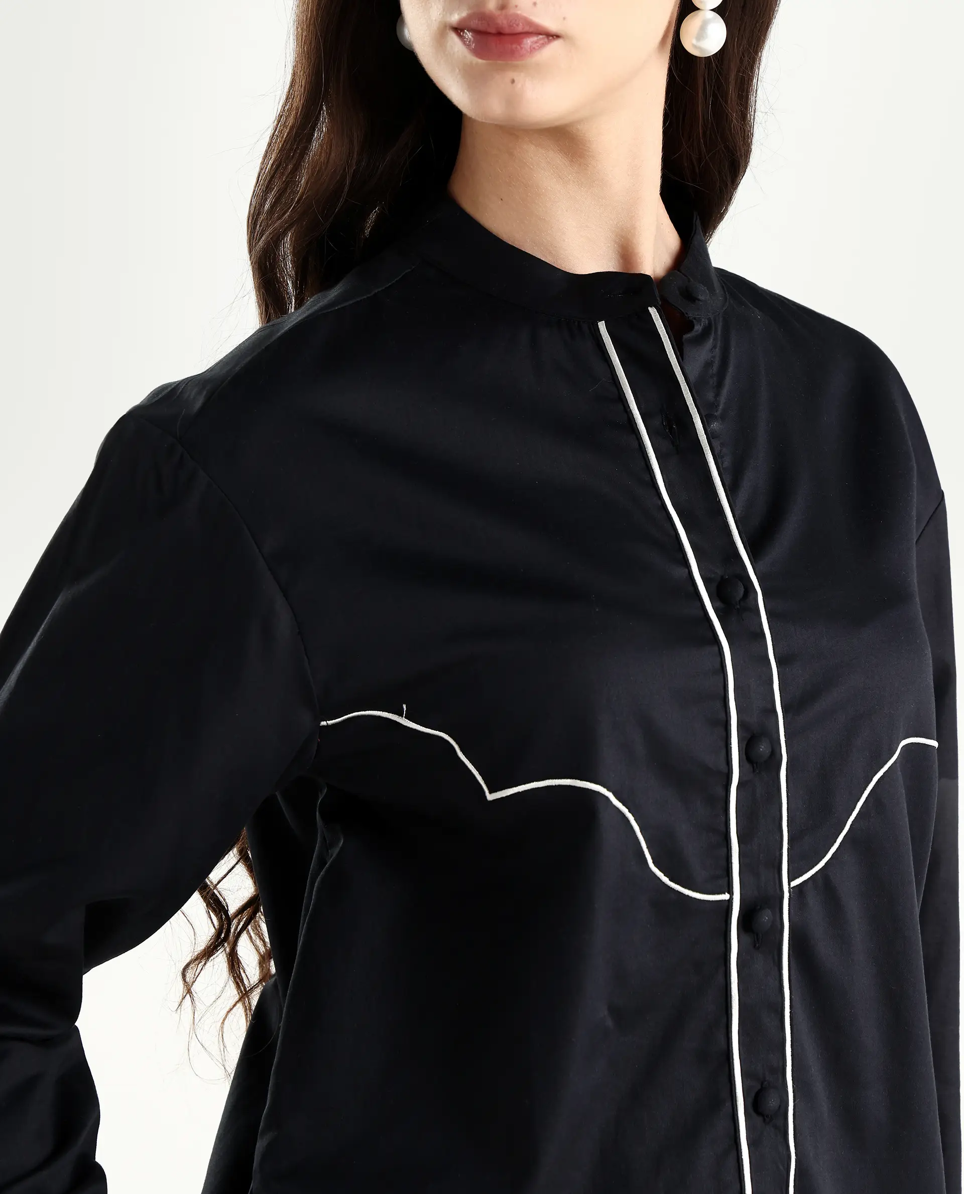 Rareism Women's Jujo Dusky Black Cotton Blend Mandarin Collar Plain Cuffed Sleeve Regular Fit Shirt - Image 4