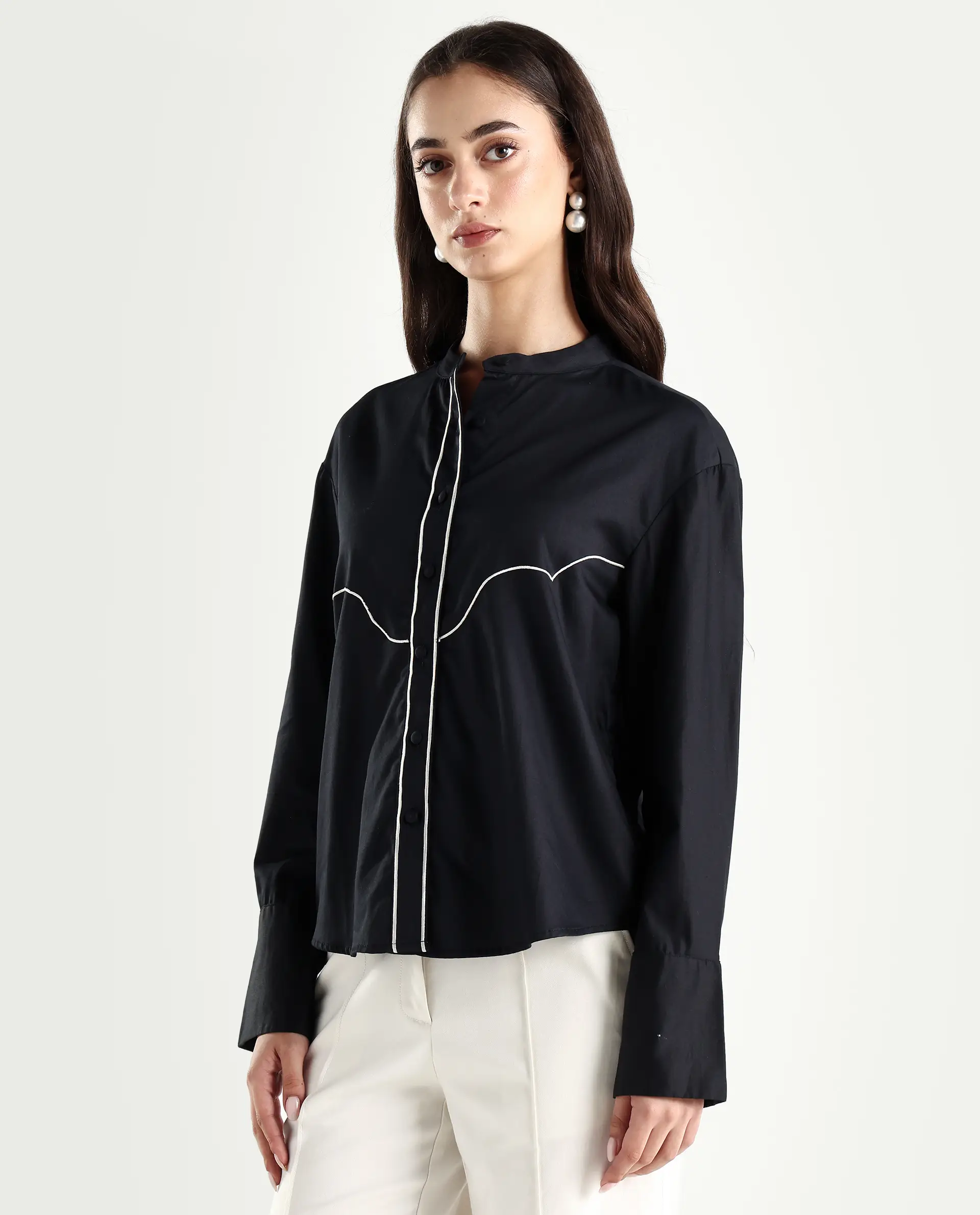 Rareism Women's Jujo Dusky Black Cotton Blend Mandarin Collar Plain Cuffed Sleeve Regular Fit Shirt - Image 5