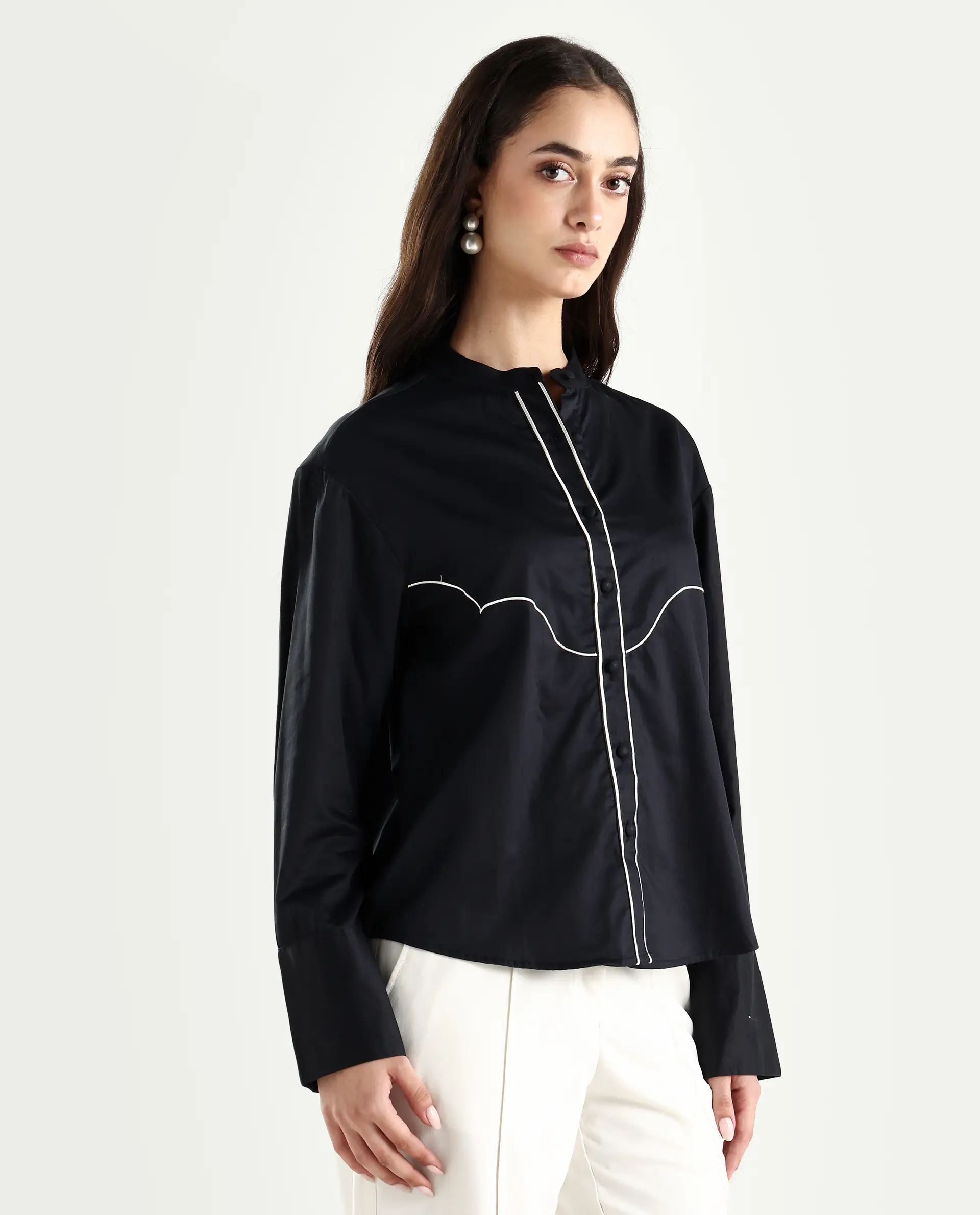 Rareism Women's Jujo Dusky Black Cotton Blend Mandarin Collar Plain Cuffed Sleeve Regular Fit Shirt - Image 6