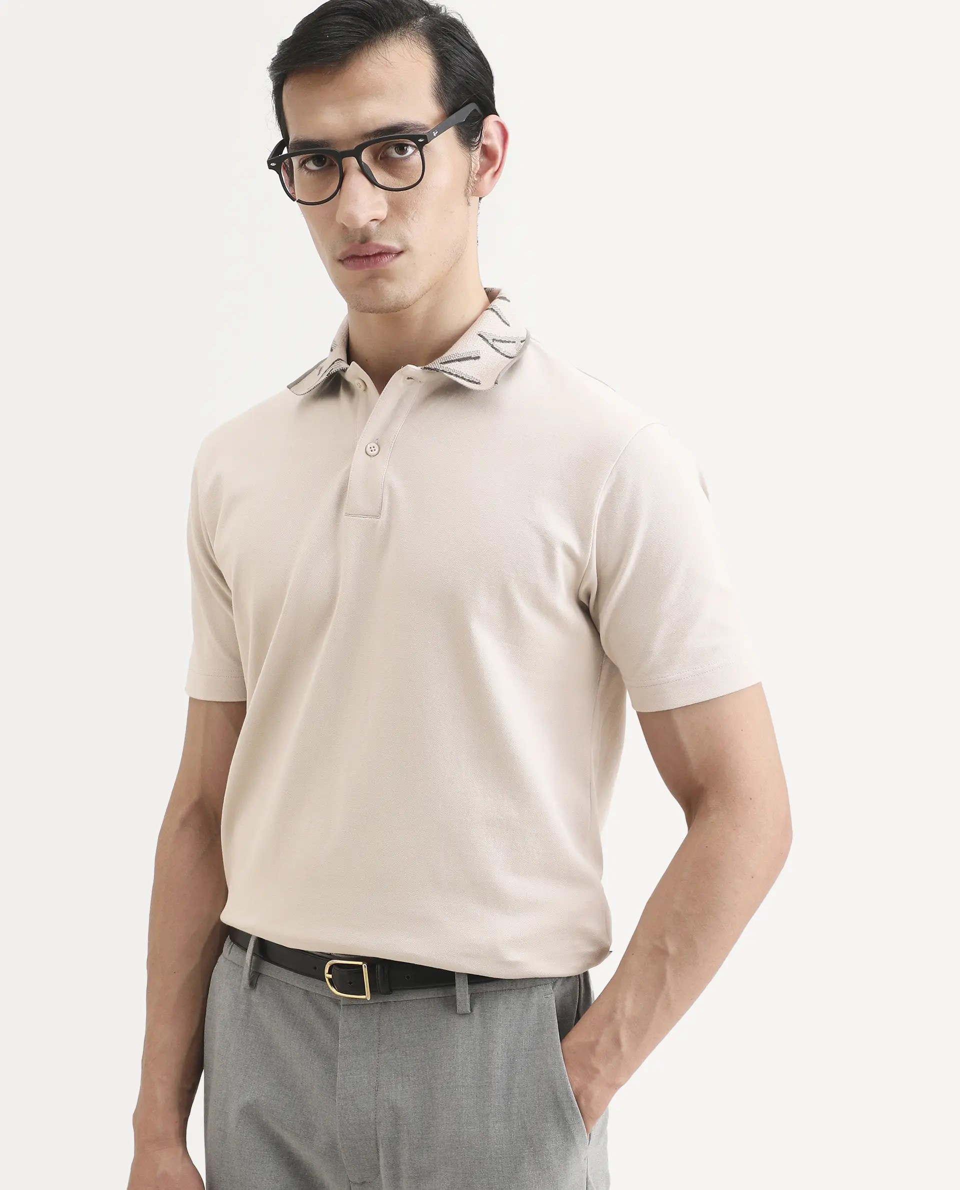 Rare Rabbit Men's Juke Dusky Beige Cotton Blend Fabric Half Sleeve Spread Collar Regular Fit Plain Polo