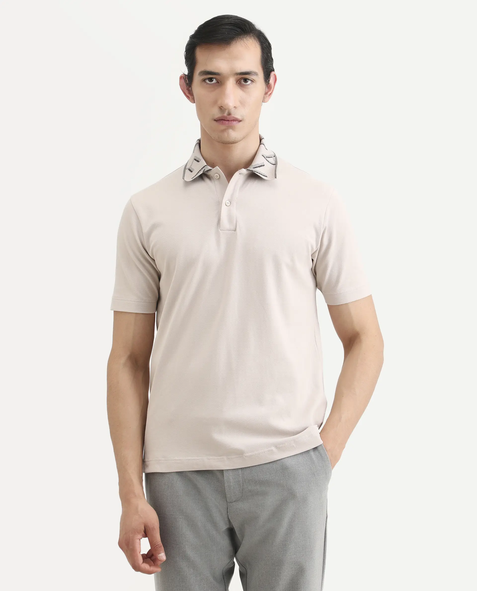 Rare Rabbit Men's Juke Dusky Beige Cotton Blend Fabric Half Sleeve Spread Collar Regular Fit Plain Polo - Image 4