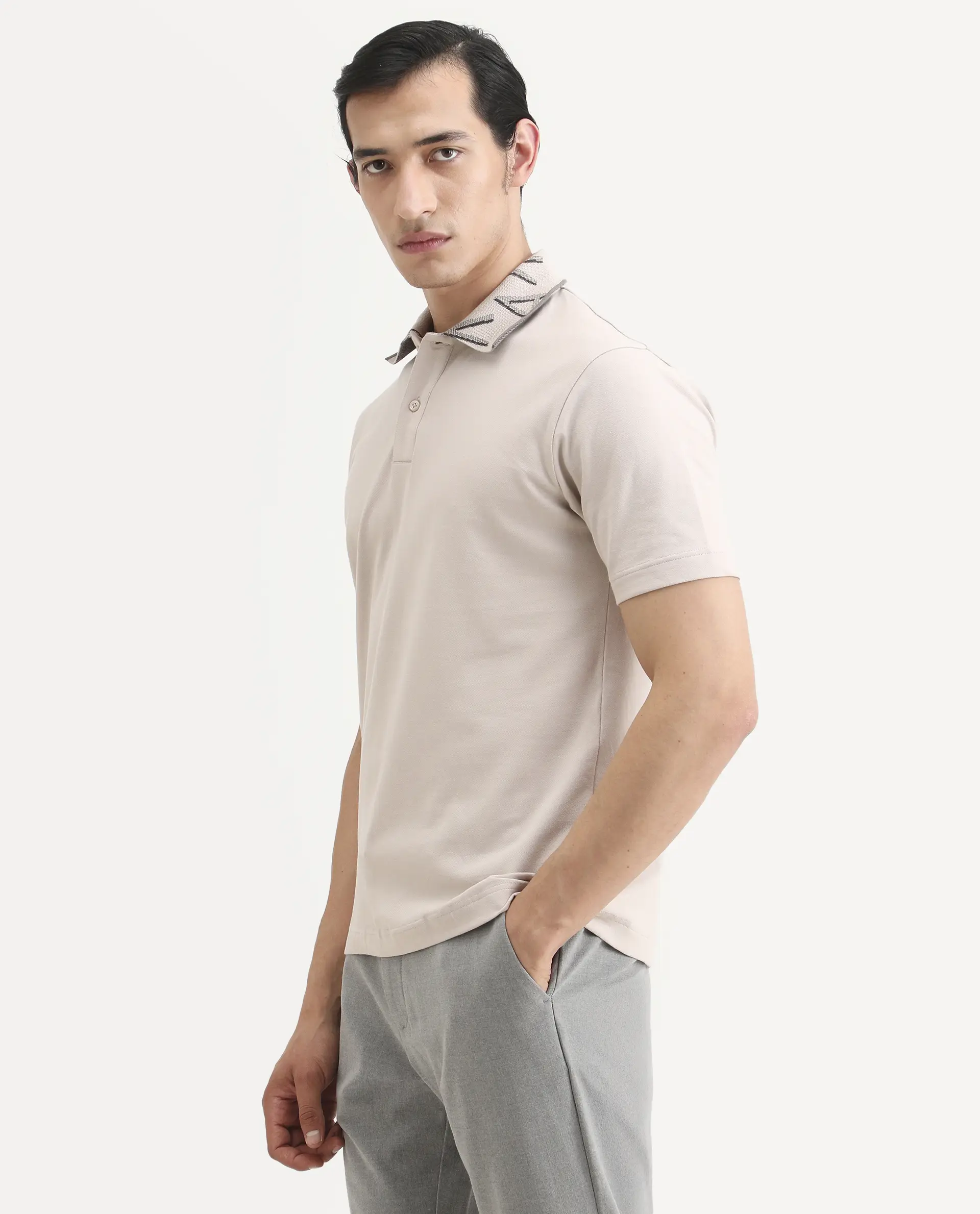 Rare Rabbit Men's Juke Dusky Beige Cotton Blend Fabric Half Sleeve Spread Collar Regular Fit Plain Polo - Image 5