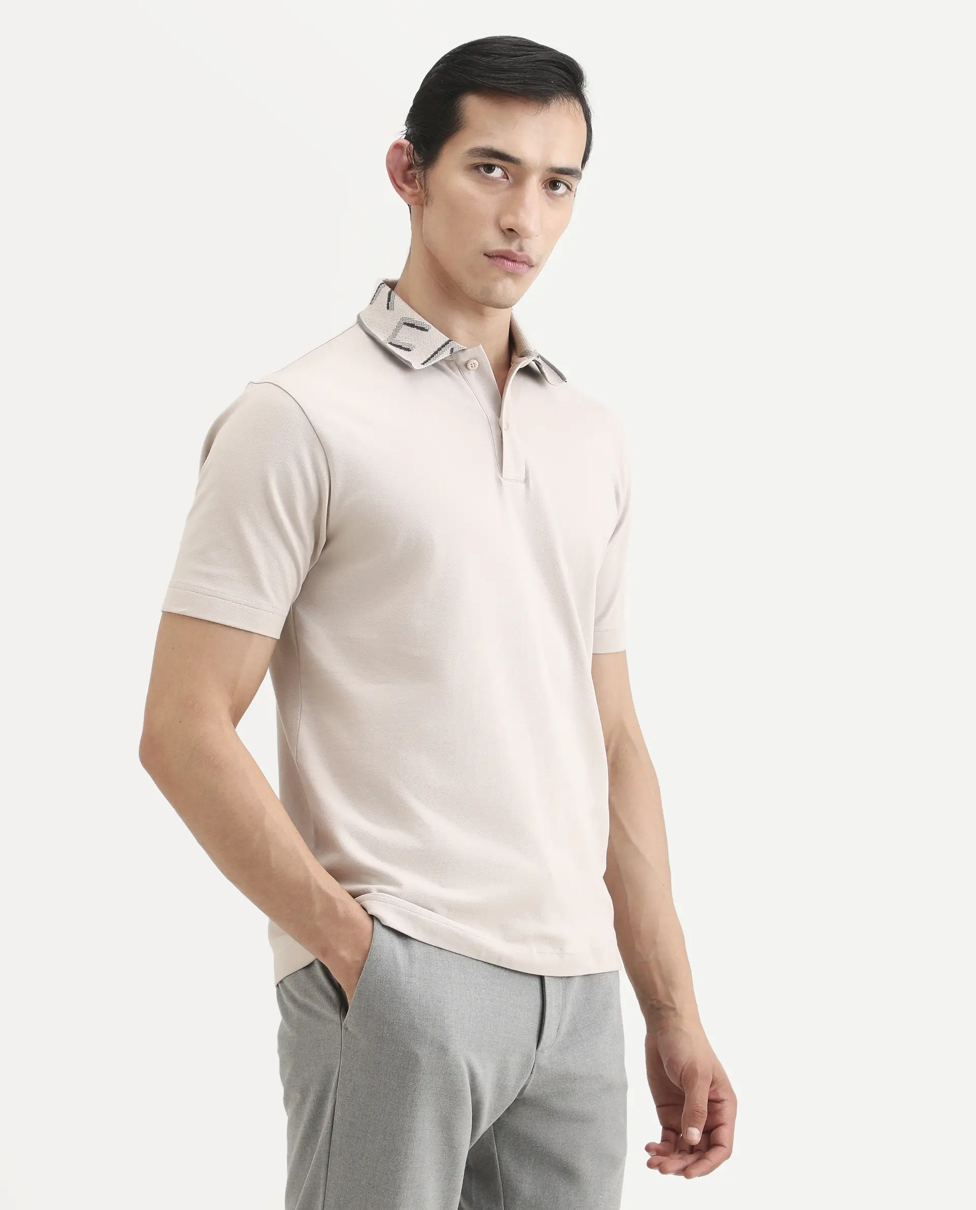 Rare Rabbit Men's Juke Dusky Beige Cotton Blend Fabric Half Sleeve Spread Collar Regular Fit Plain Polo - Image 6