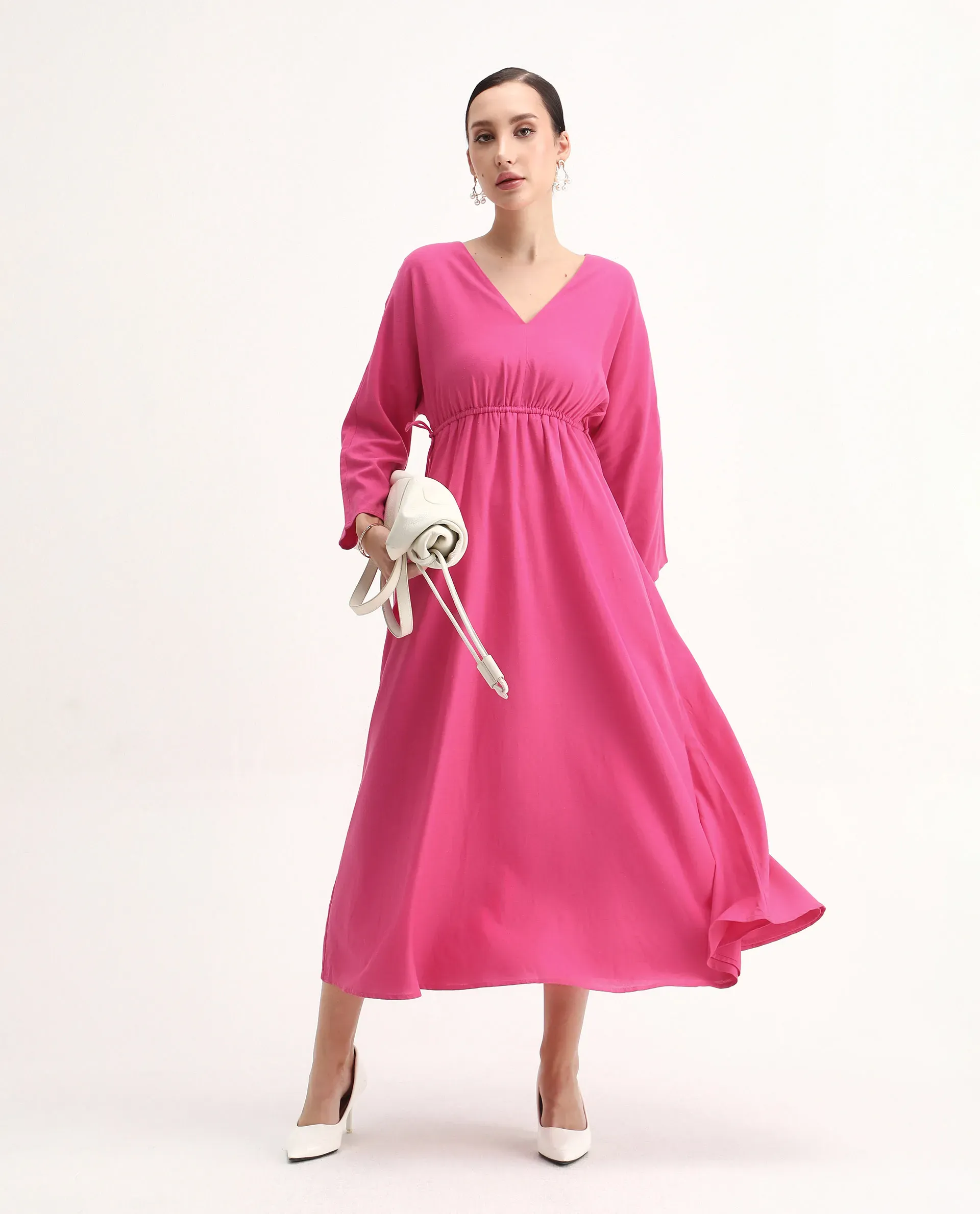 Rareism Women's Julan Pink Viscose Blend Kimono Sleeve V-Neck Fit And Flare Fit Plain Dress - Image 2