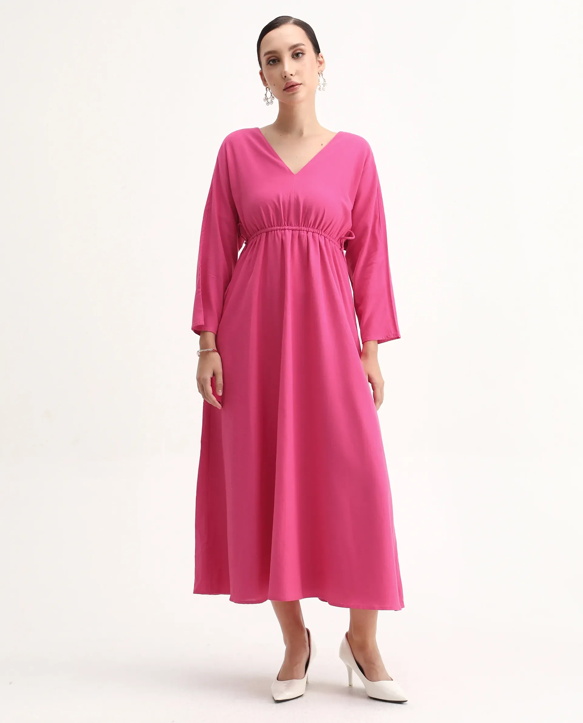 Rareism Women's Julan Pink Viscose Blend Kimono Sleeve V-Neck Fit And Flare Fit Plain Dress - Image 3