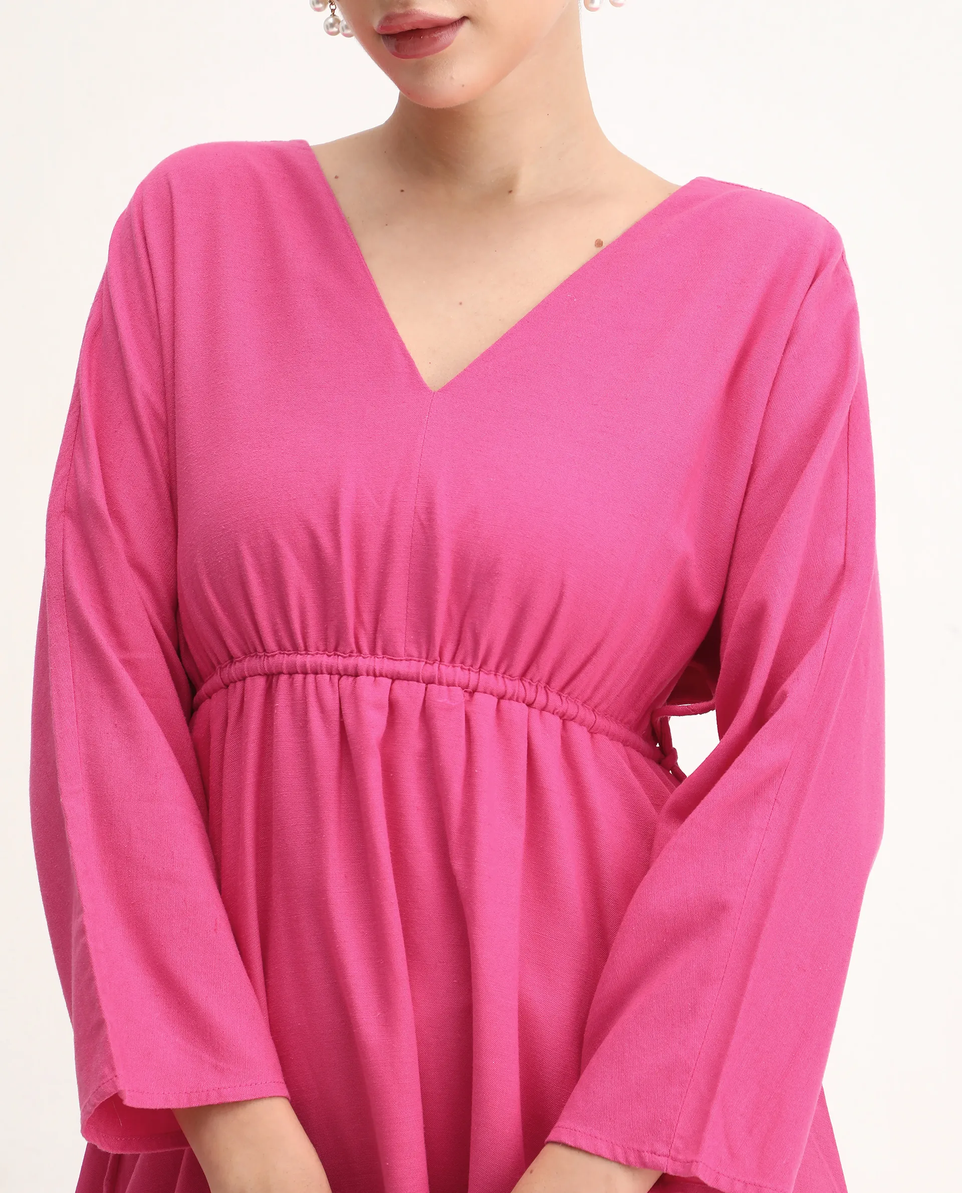 Rareism Women's Julan Pink Viscose Blend Kimono Sleeve V-Neck Fit And Flare Fit Plain Dress - Image 4