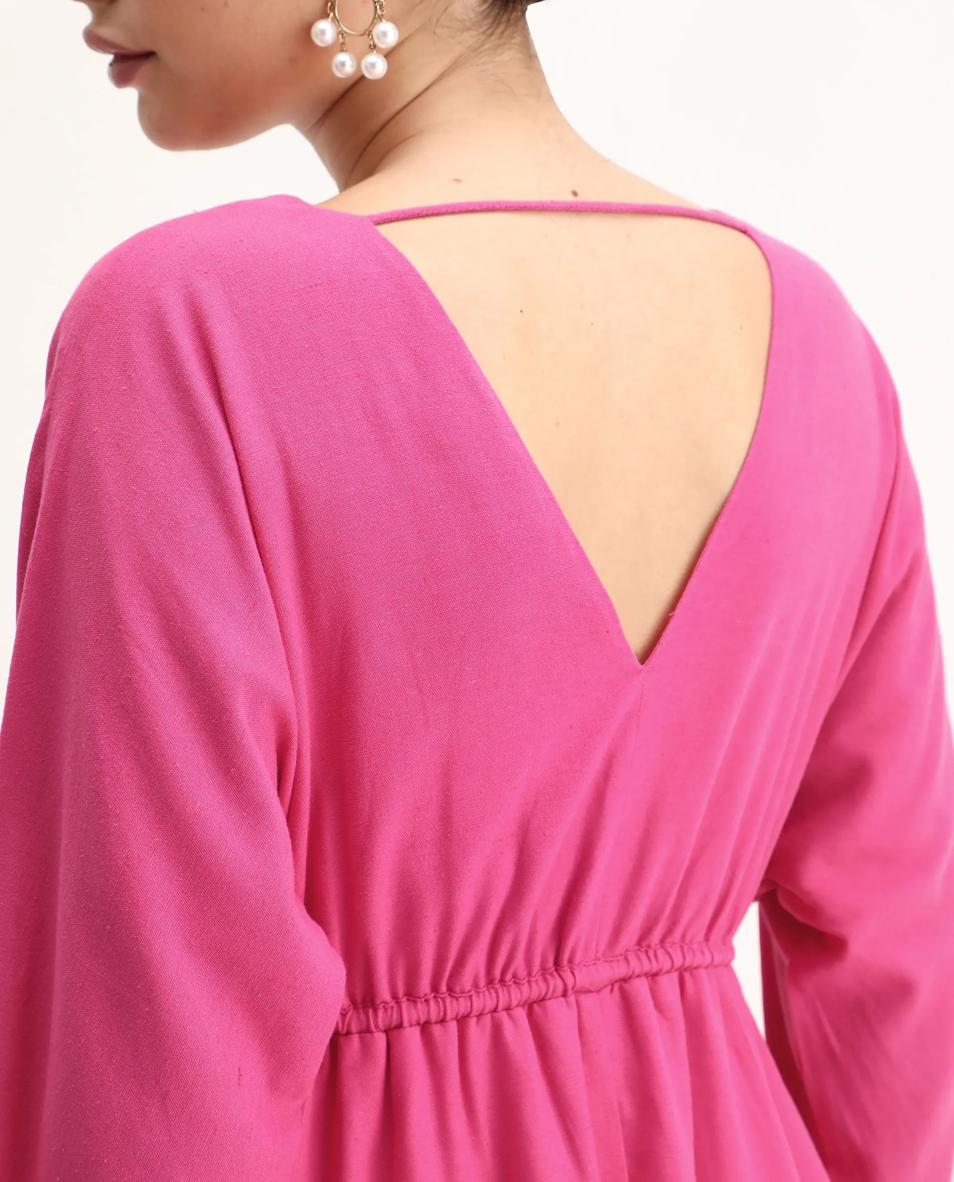 Rareism Women's Julan Pink Viscose Blend Kimono Sleeve V-Neck Fit And Flare Fit Plain Dress - Image 5