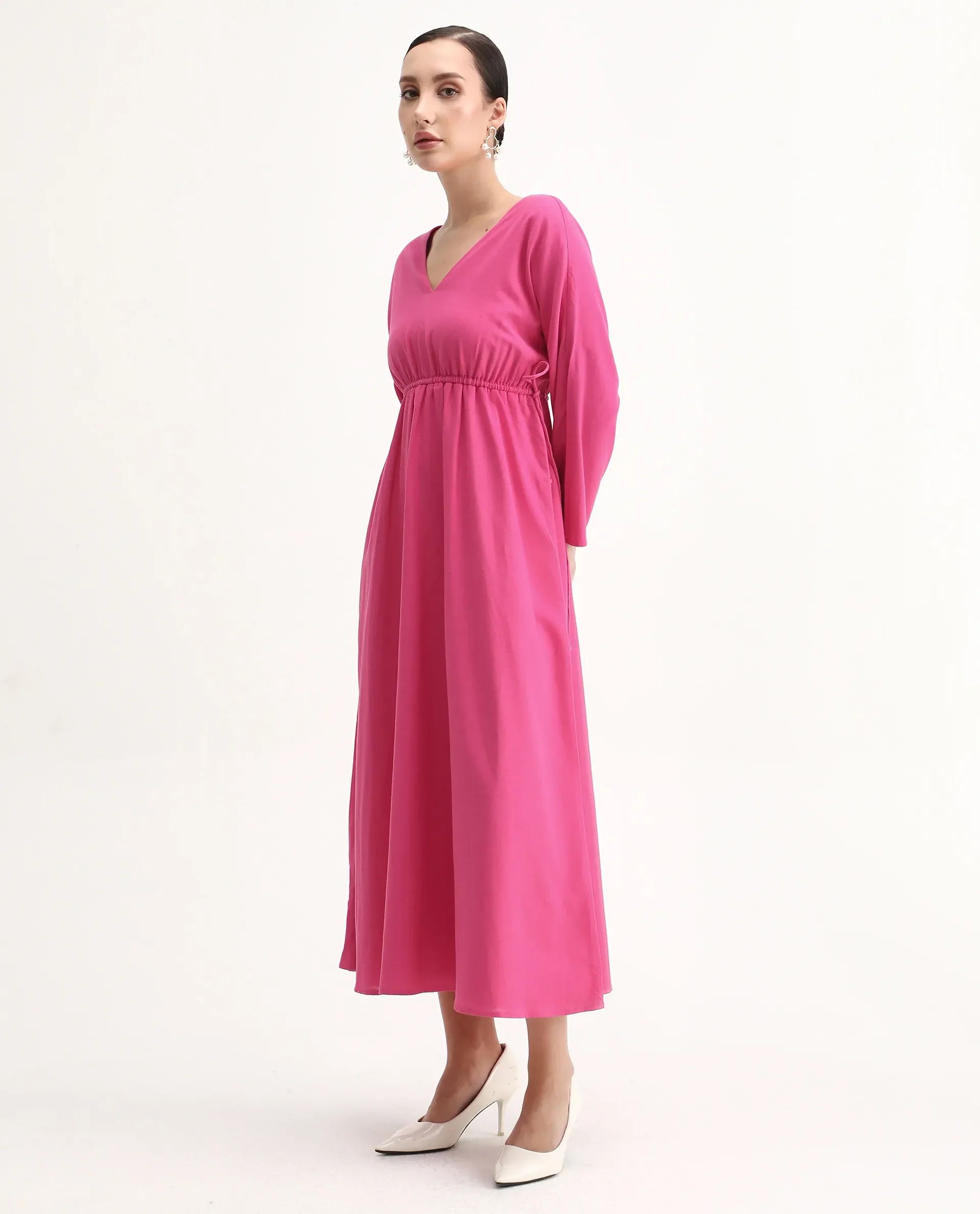 Rareism Women's Julan Pink Viscose Blend Kimono Sleeve V-Neck Fit And Flare Fit Plain Dress - Image 6