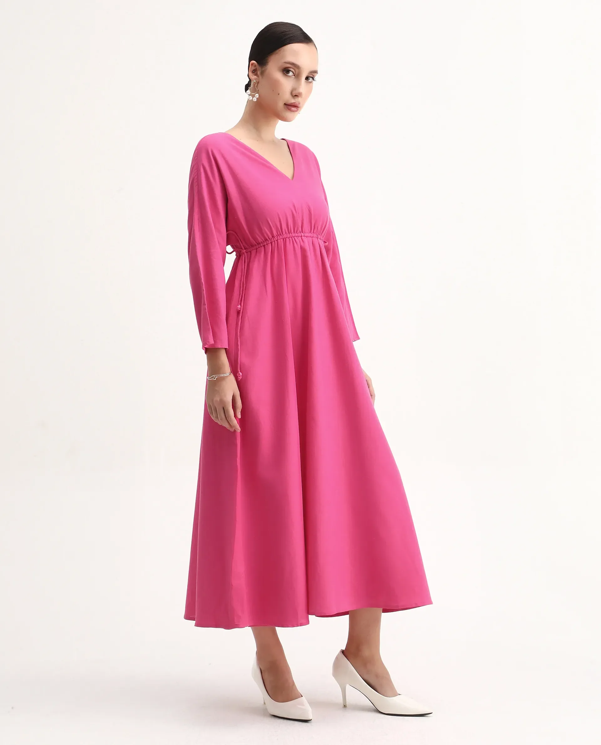 Rareism Women's Julan Pink Viscose Blend Kimono Sleeve V-Neck Fit And Flare Fit Plain Dress - Image 7