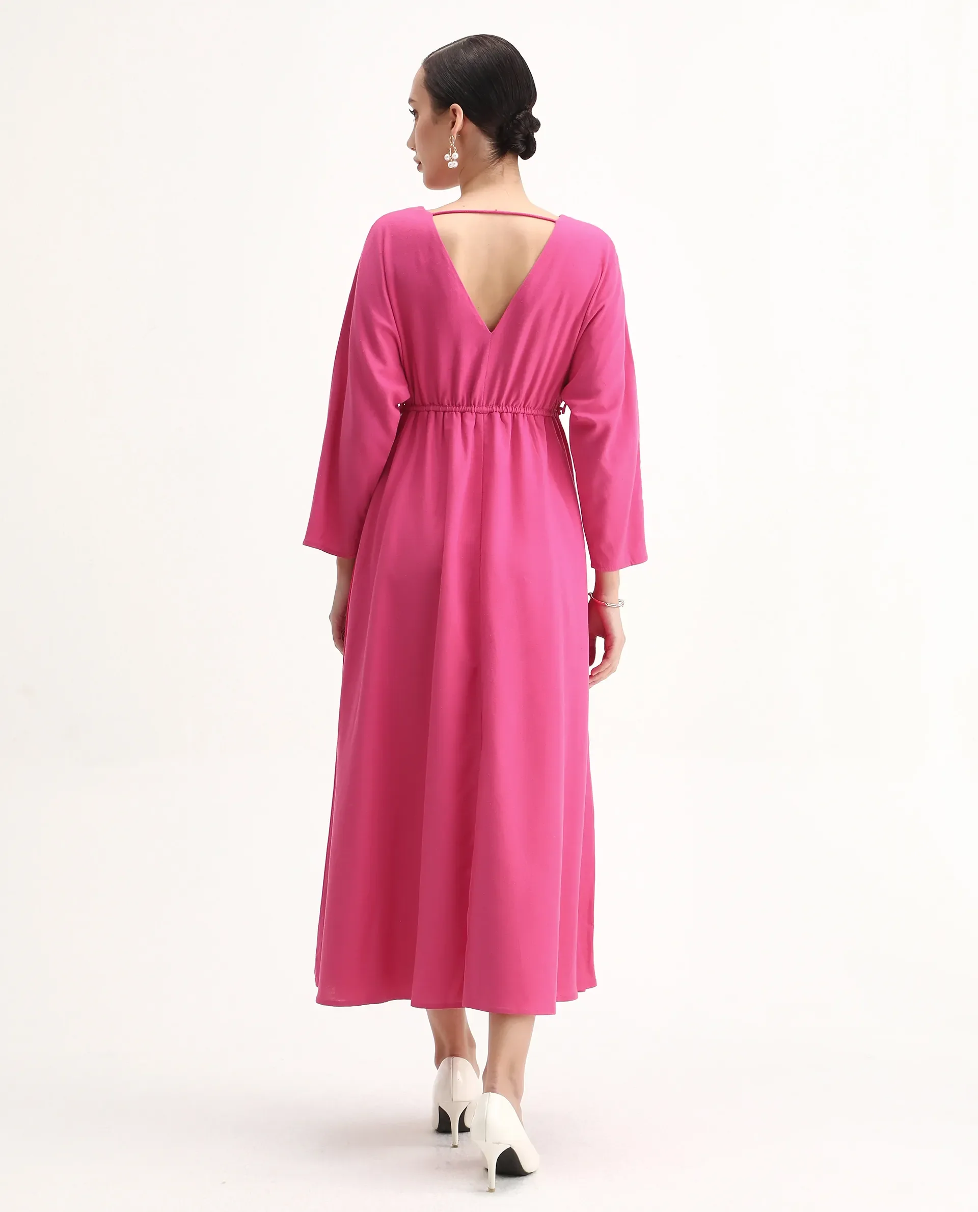 Rareism Women's Julan Pink Viscose Blend Kimono Sleeve V-Neck Fit And Flare Fit Plain Dress - Image 8