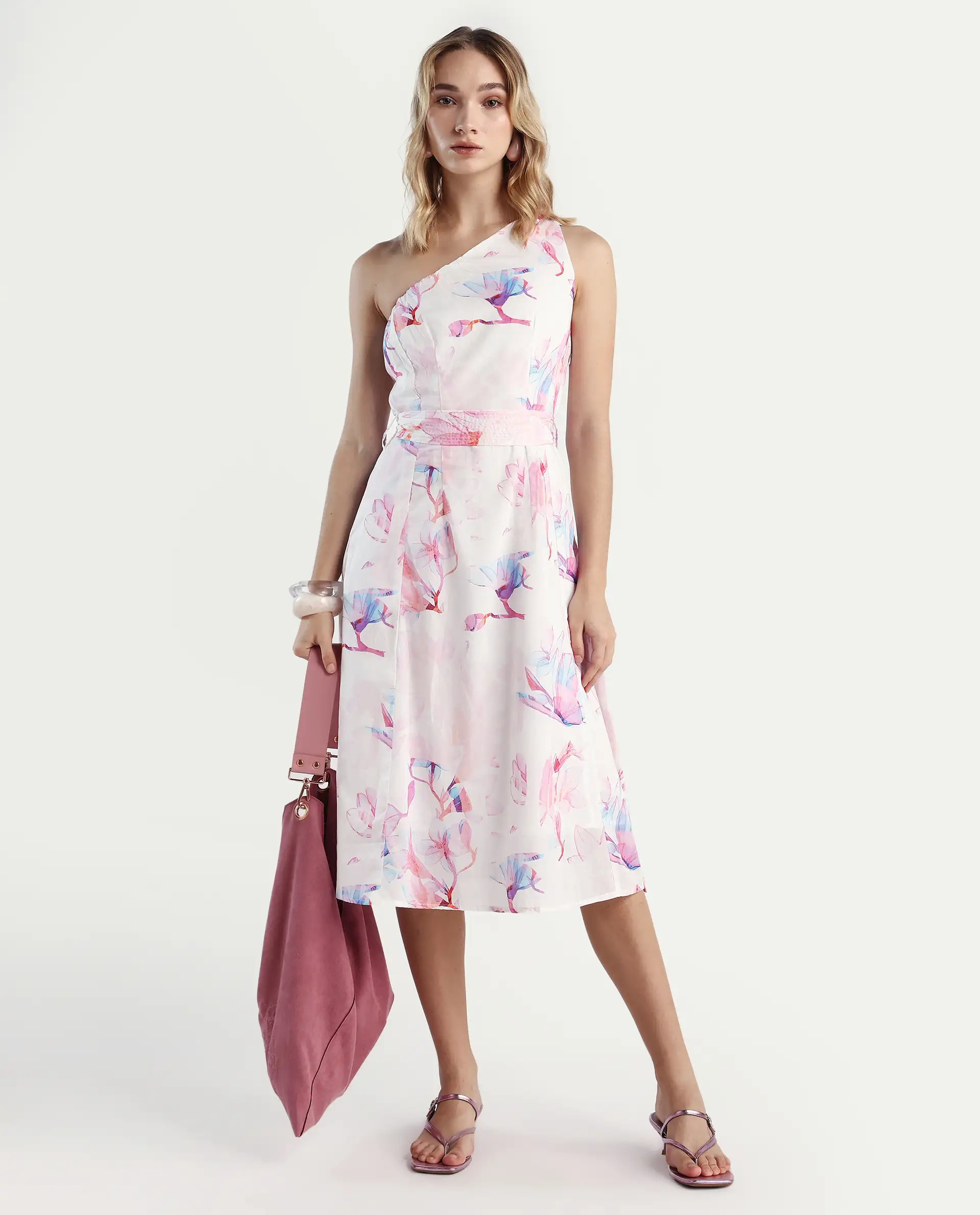 Rareism Women's Juliun Multi Cotton One Shoulder Floral Print One Shoulder Midi Fit And Flare Dress - Image 2