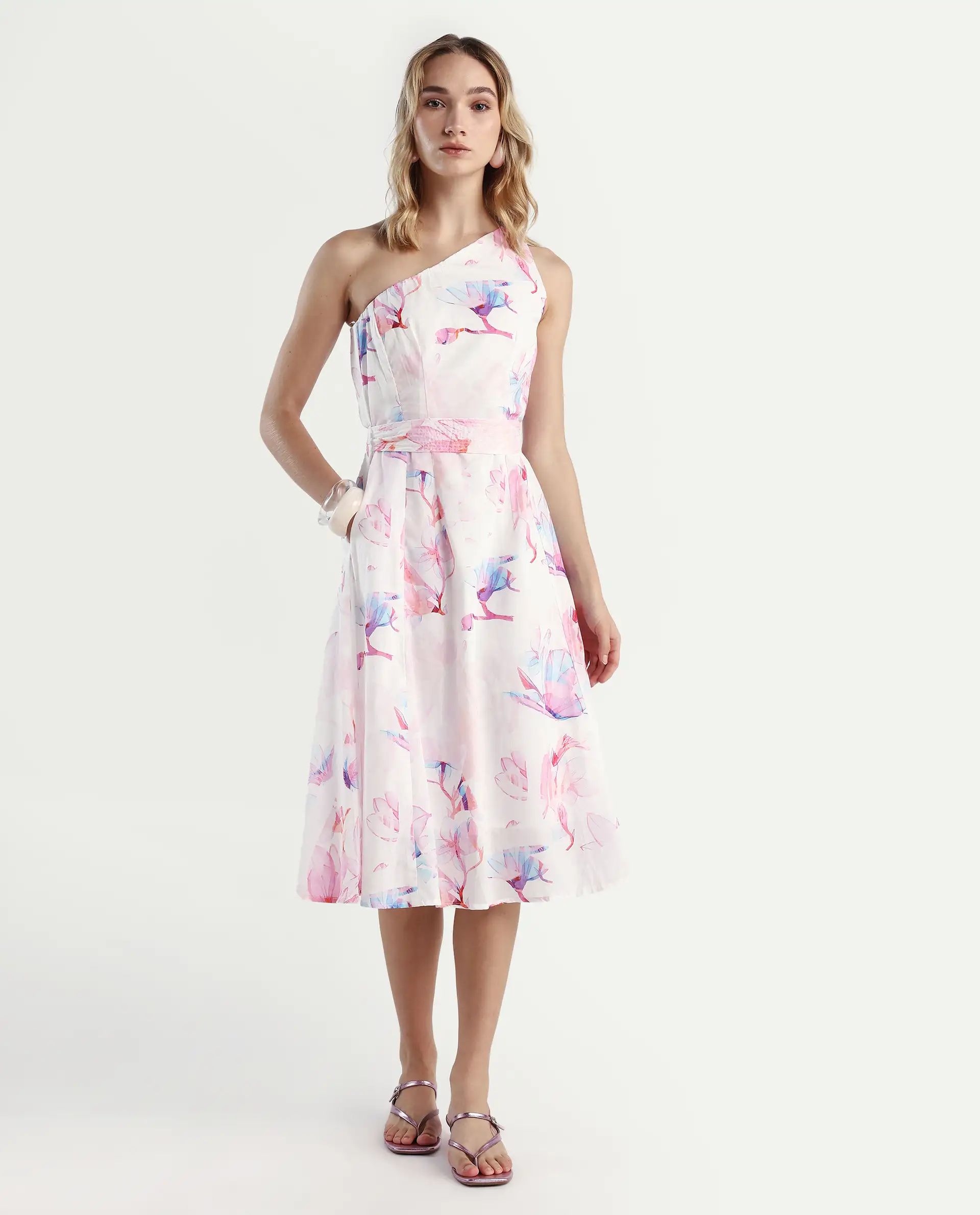 Rareism Women's Juliun Multi Cotton One Shoulder Floral Print One Shoulder Midi Fit And Flare Dress - Image 4