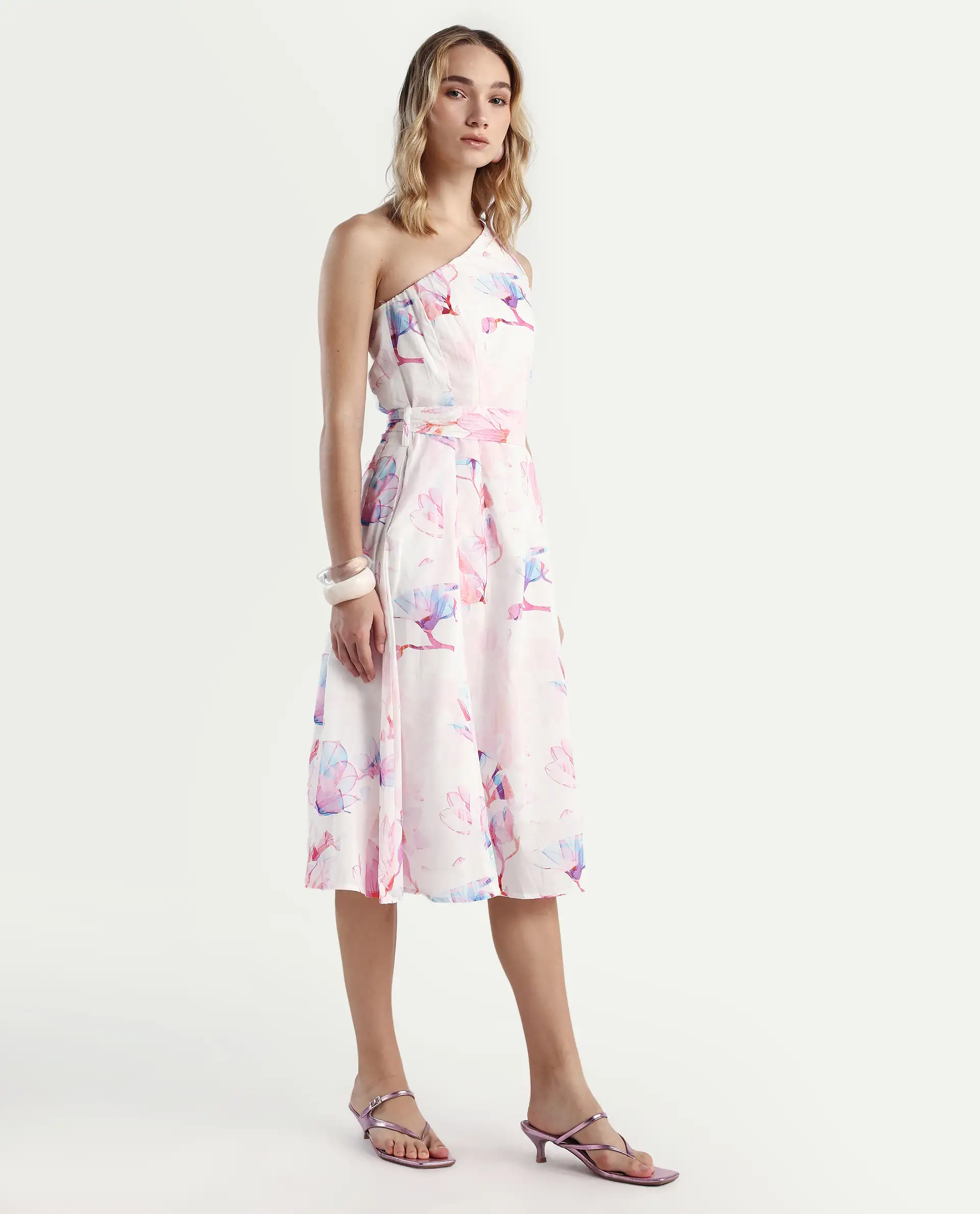 Rareism Women's Juliun Multi Cotton One Shoulder Floral Print One Shoulder Midi Fit And Flare Dress - Image 6