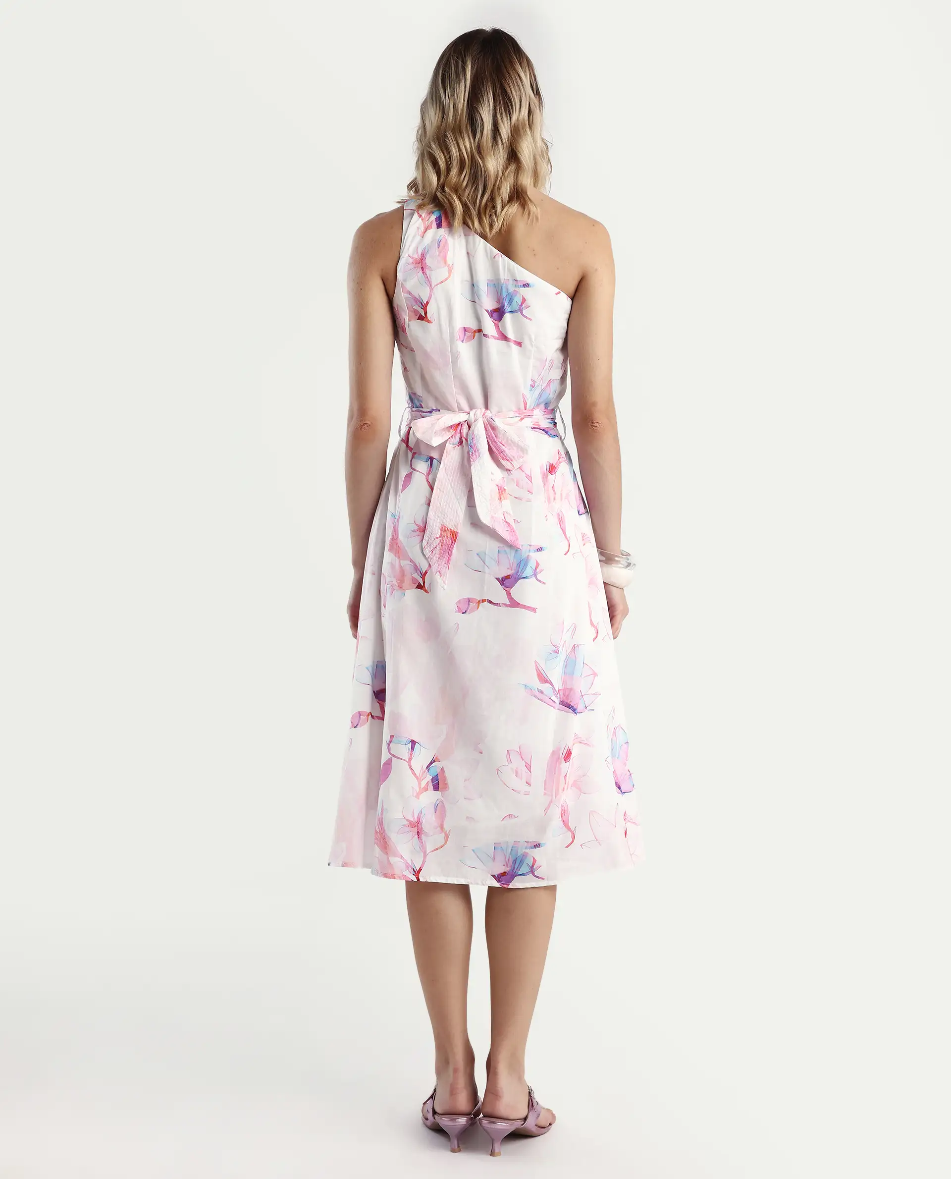 Rareism Women's Juliun Multi Cotton One Shoulder Floral Print One Shoulder Midi Fit And Flare Dress - Image 7