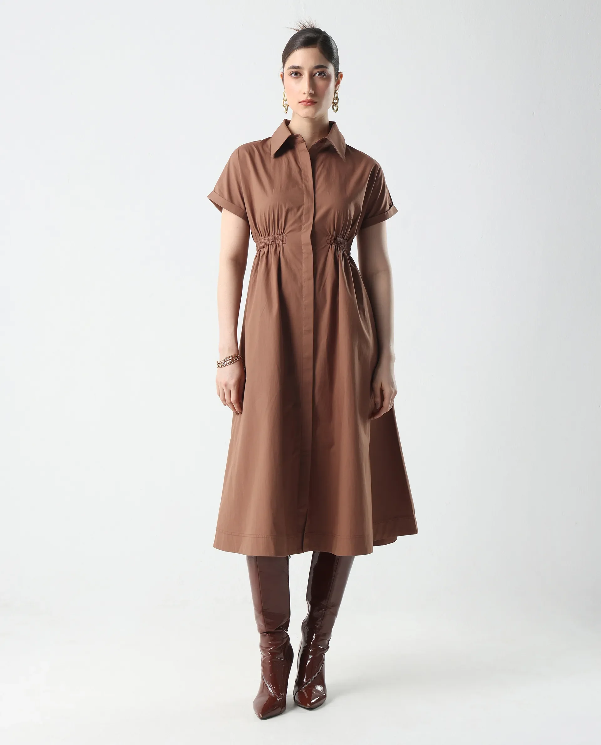 Rareism Women's Julu Light Brown Cotton Collared Neck Fit And Flare Plain Dress - Image 2
