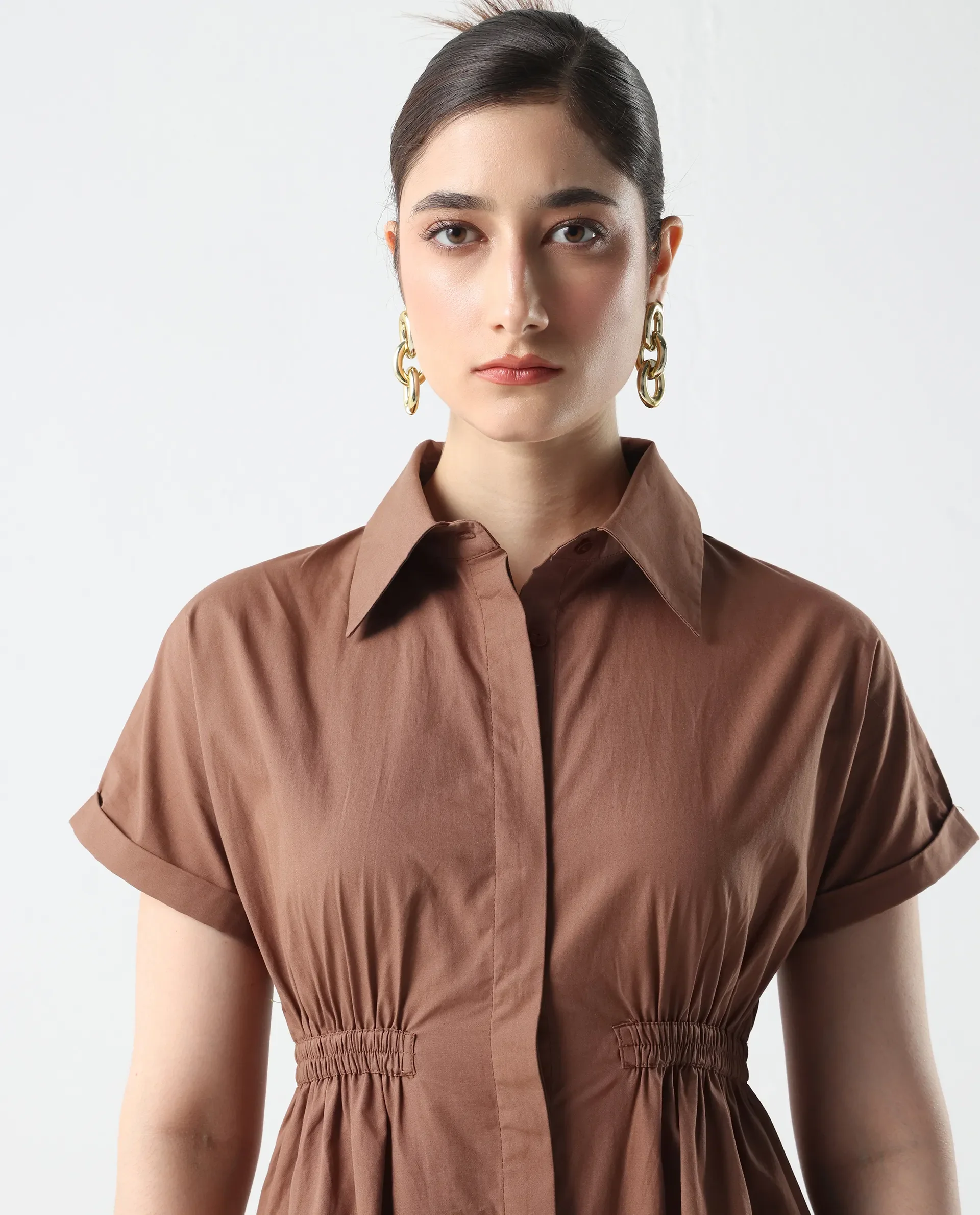 Rareism Women's Julu Light Brown Cotton Collared Neck Fit And Flare Plain Dress - Image 3