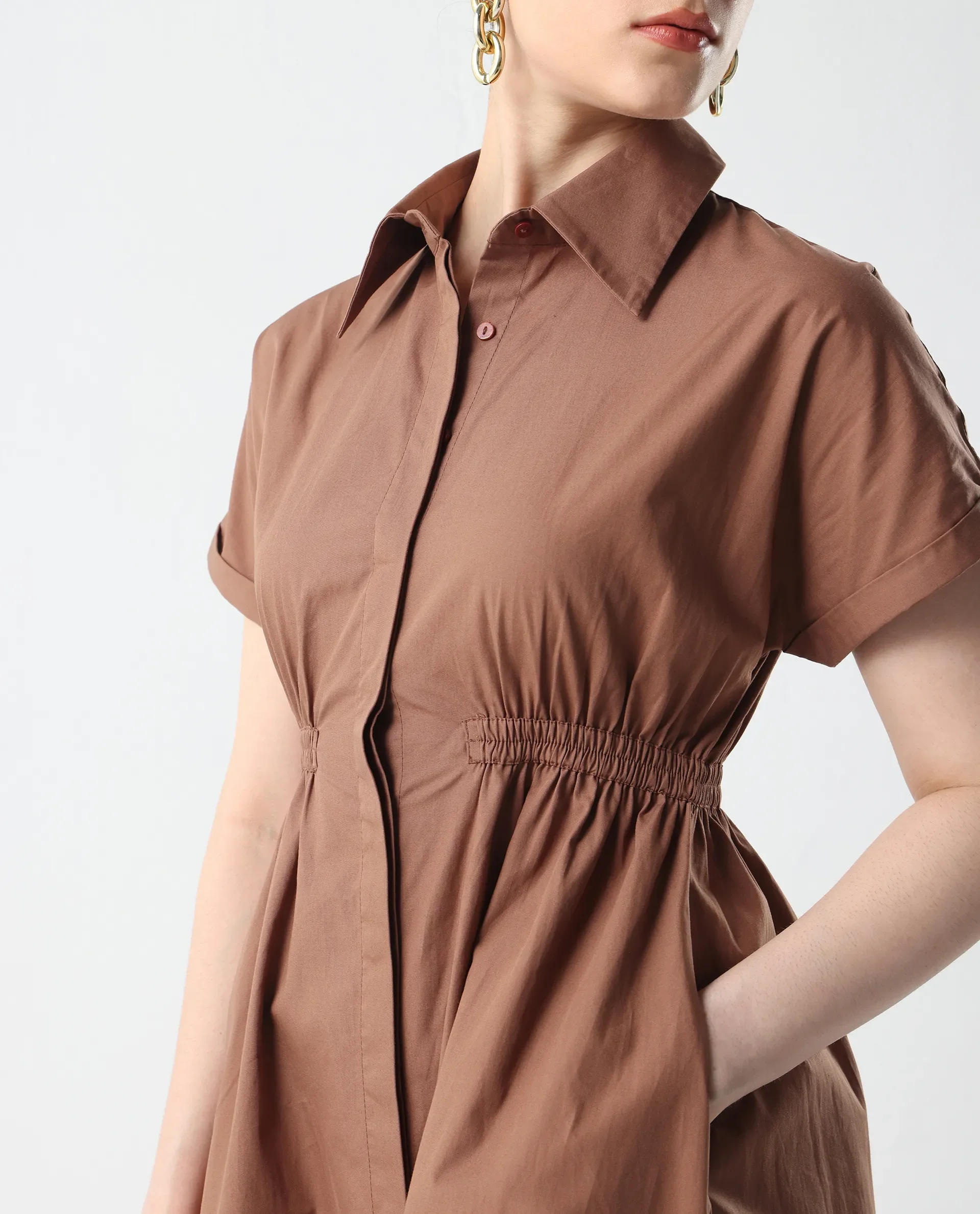 Rareism Women's Julu Light Brown Cotton Collared Neck Fit And Flare Plain Dress - Image 4