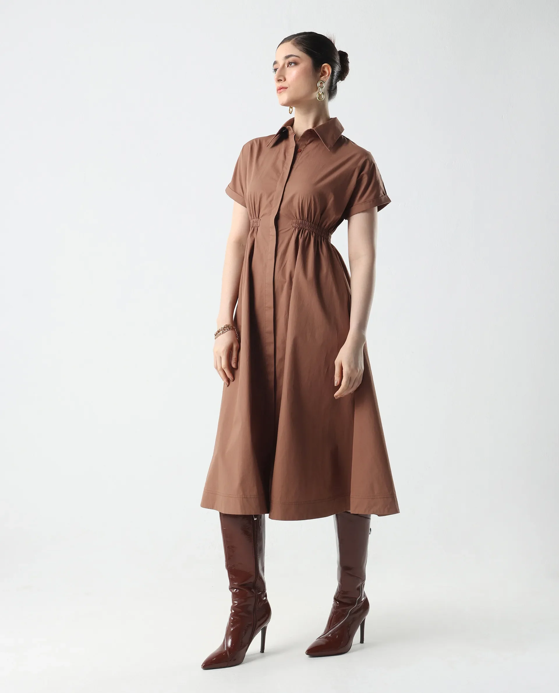 Rareism Women's Julu Light Brown Cotton Collared Neck Fit And Flare Plain Dress - Image 5