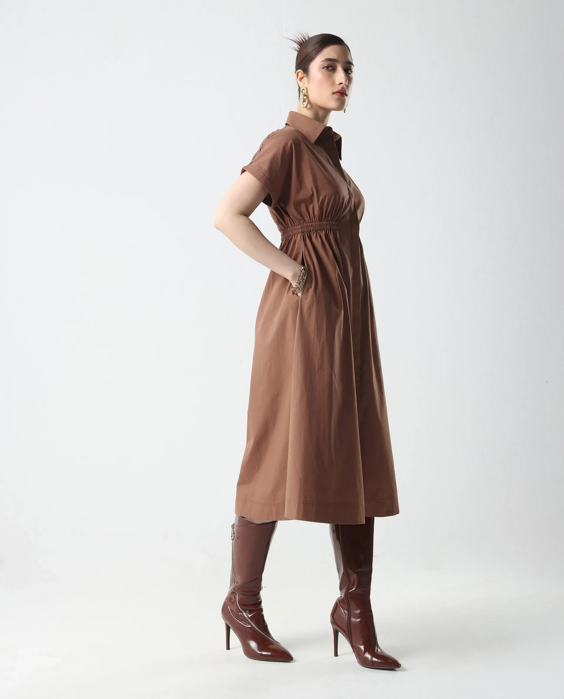 Rareism Women's Julu Light Brown Cotton Collared Neck Fit And Flare Plain Dress - Image 6