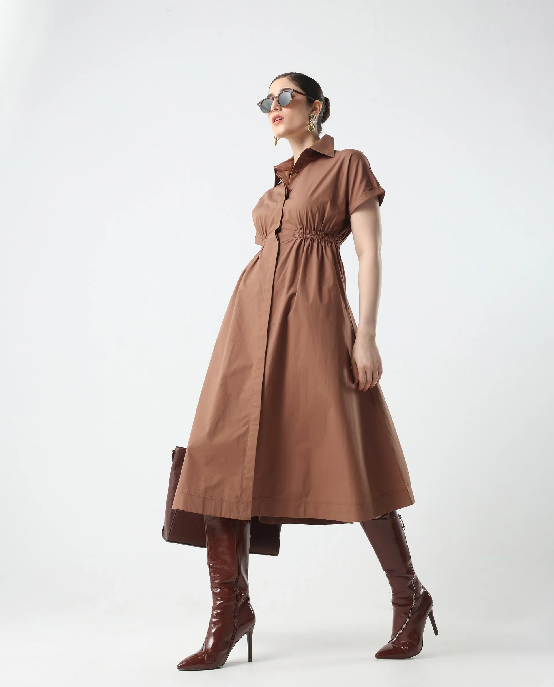Rareism Women's Julu Light Brown Cotton Collared Neck Fit And Flare Plain Dress - Image 7