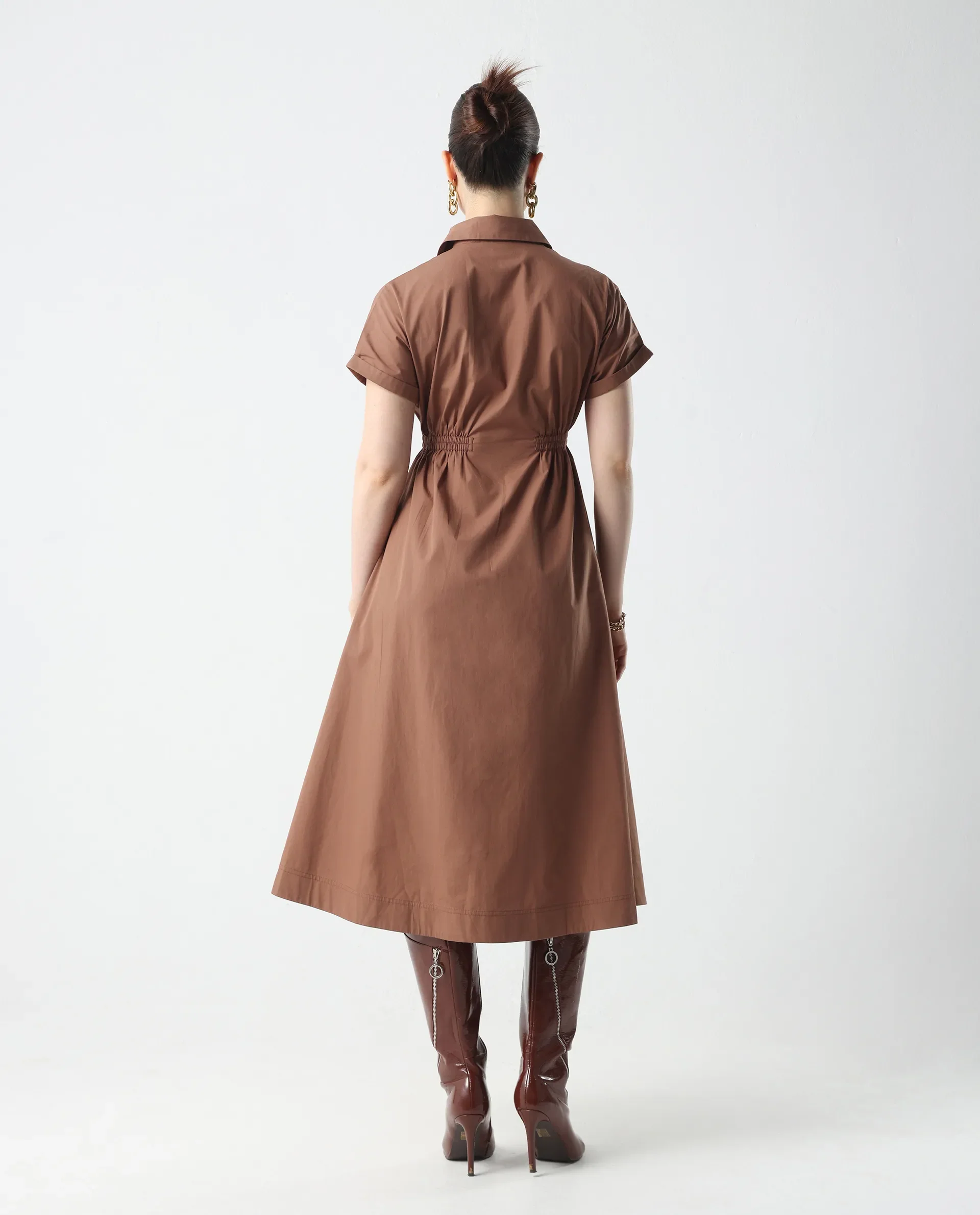 Rareism Women's Julu Light Brown Cotton Collared Neck Fit And Flare Plain Dress - Image 8