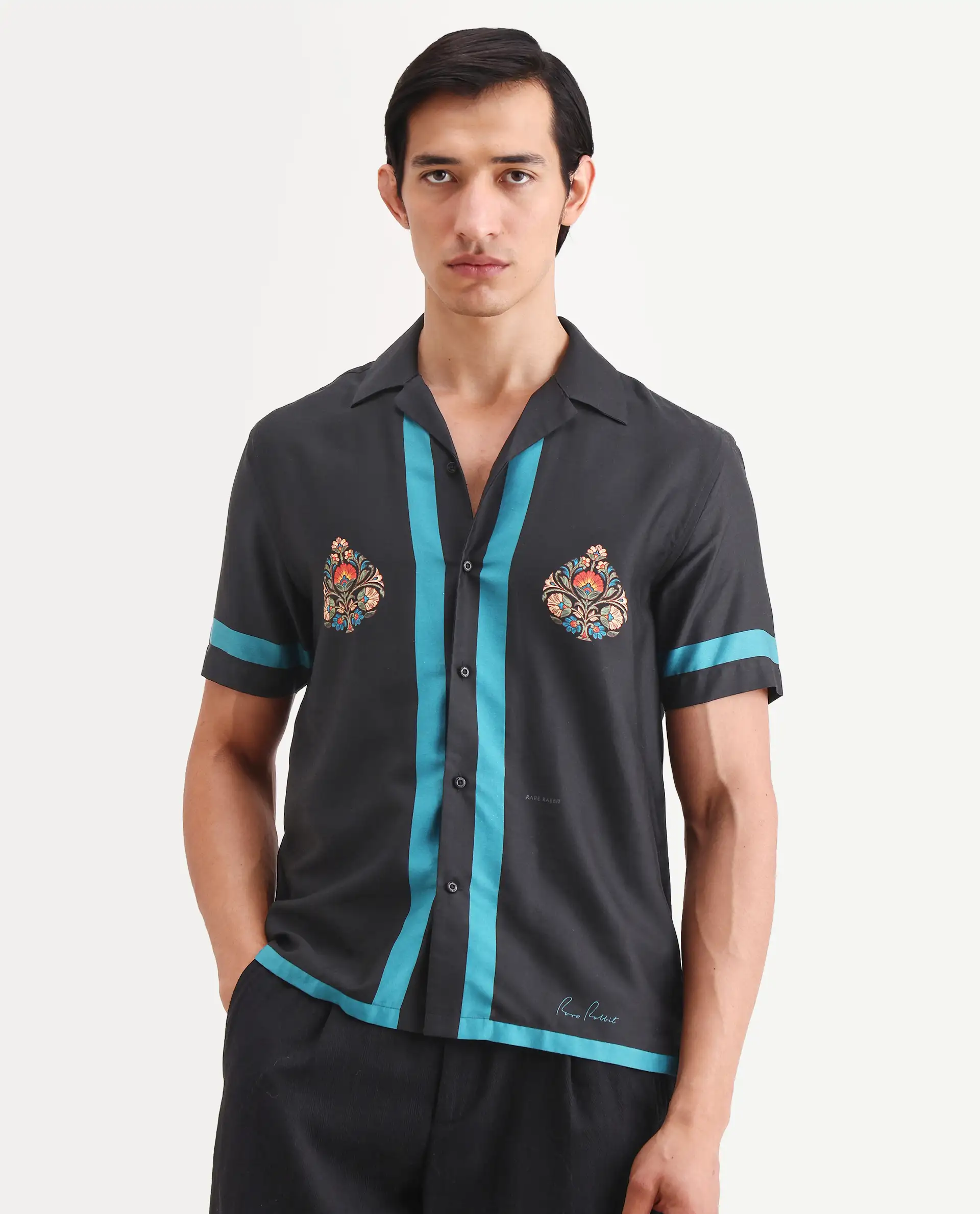 Rare Rabbit Men's Jumble Dark Black Cotton Fabric Full Sleeve Spread Collar Regular Fit Embroidered Shirt - Image 4