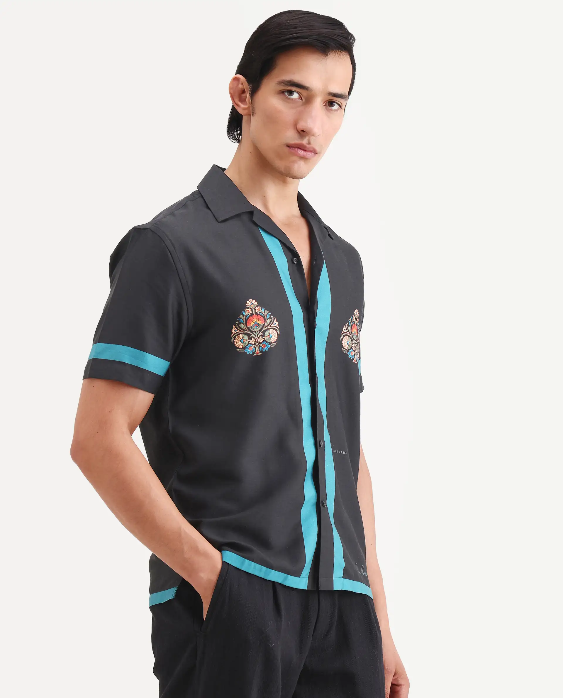 Rare Rabbit Men's Jumble Dark Black Cotton Fabric Full Sleeve Spread Collar Regular Fit Embroidered Shirt - Image 5
