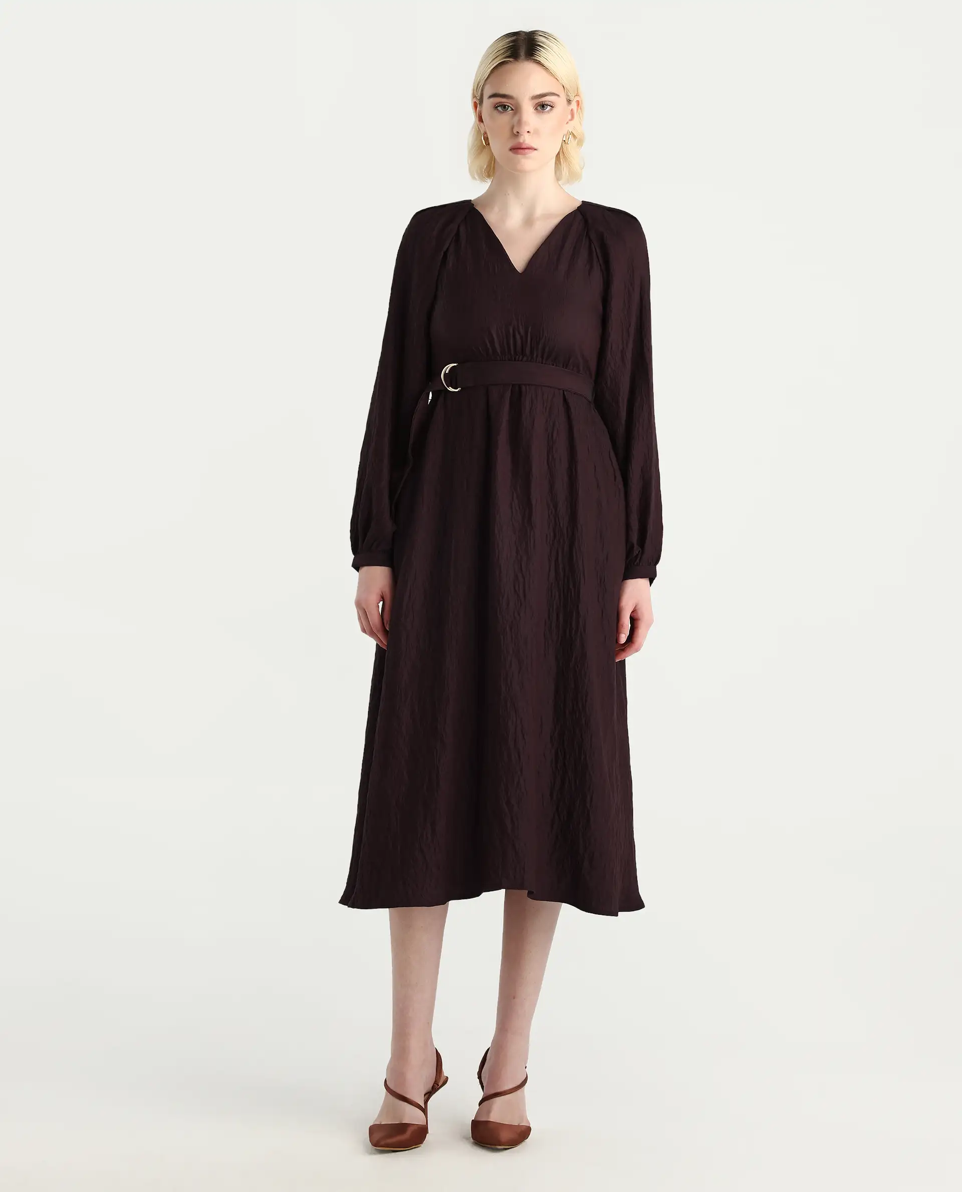 Rareism Women's Jumi Dark Brown Viscose Blend Raglan Sleeves V-Neck Flared Fit Plain Dress - Image 2