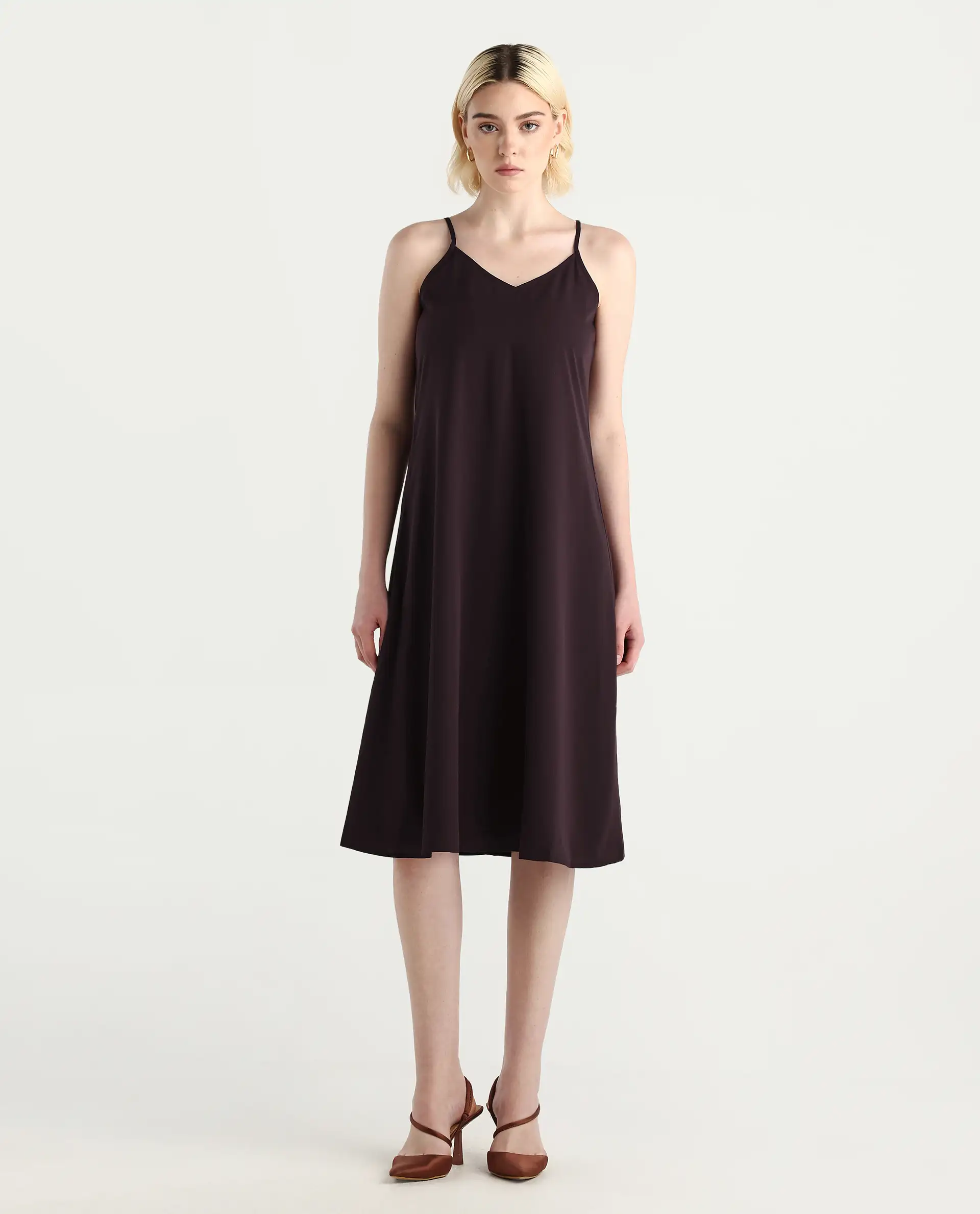 Rareism Women's Jumi Dark Brown Viscose Blend Raglan Sleeves V-Neck Flared Fit Plain Dress - Image 3