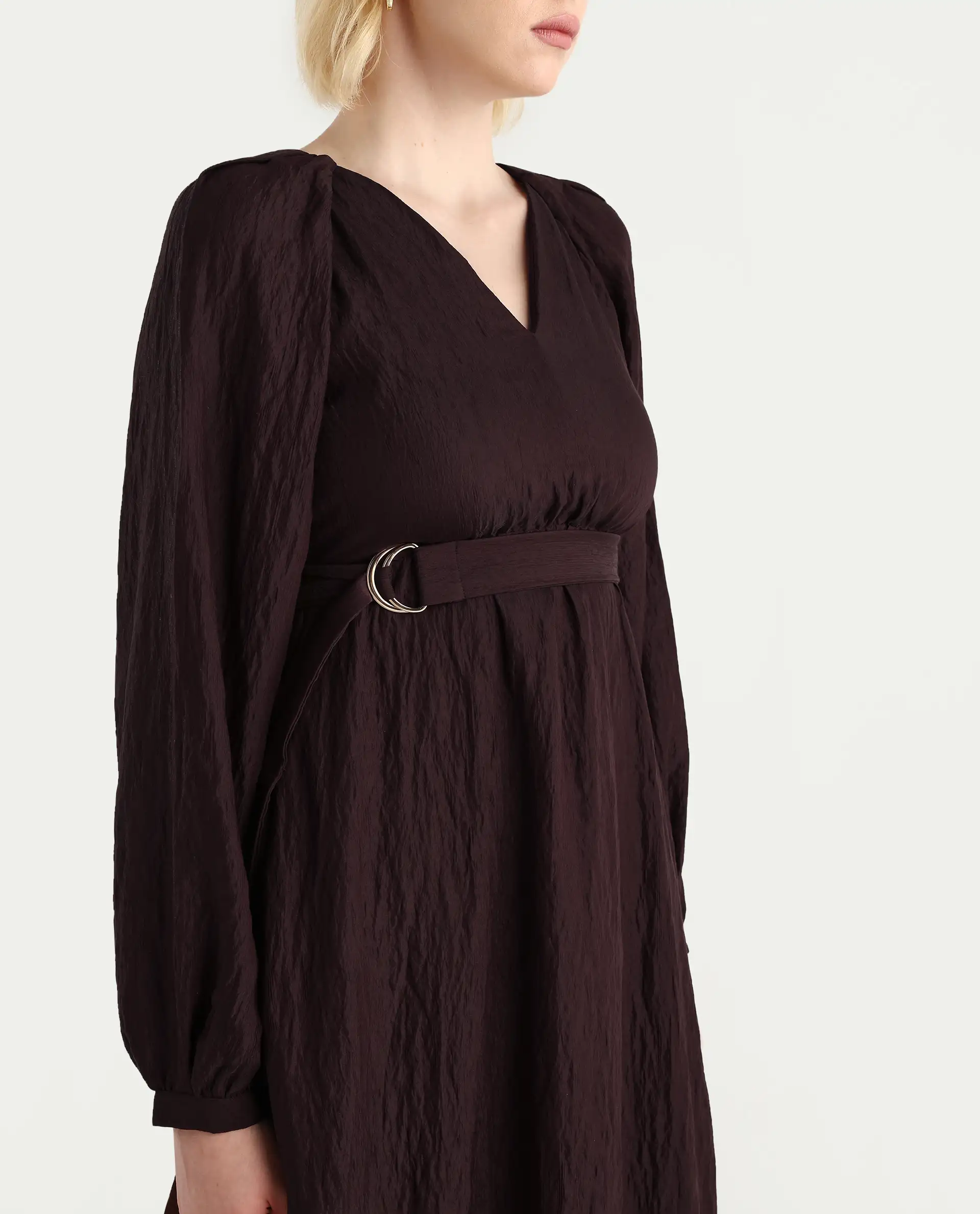Rareism Women's Jumi Dark Brown Viscose Blend Raglan Sleeves V-Neck Flared Fit Plain Dress - Image 4