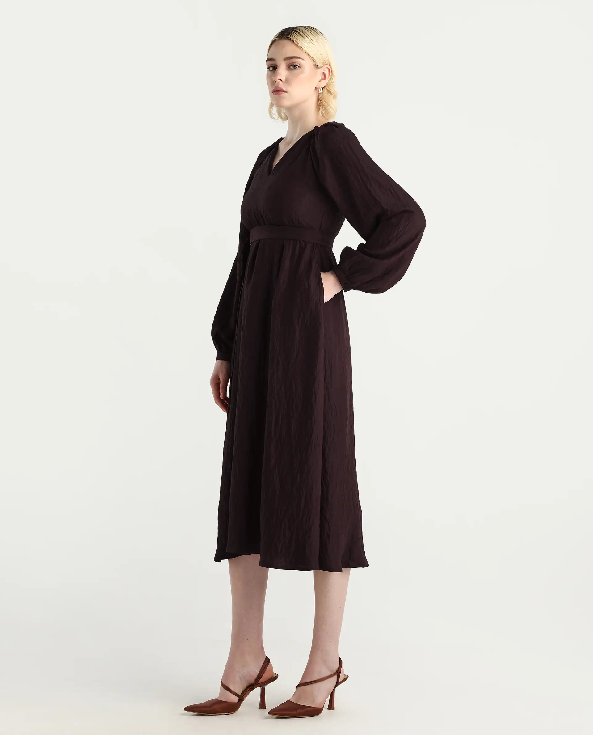 Rareism Women's Jumi Dark Brown Viscose Blend Raglan Sleeves V-Neck Flared Fit Plain Dress - Image 5
